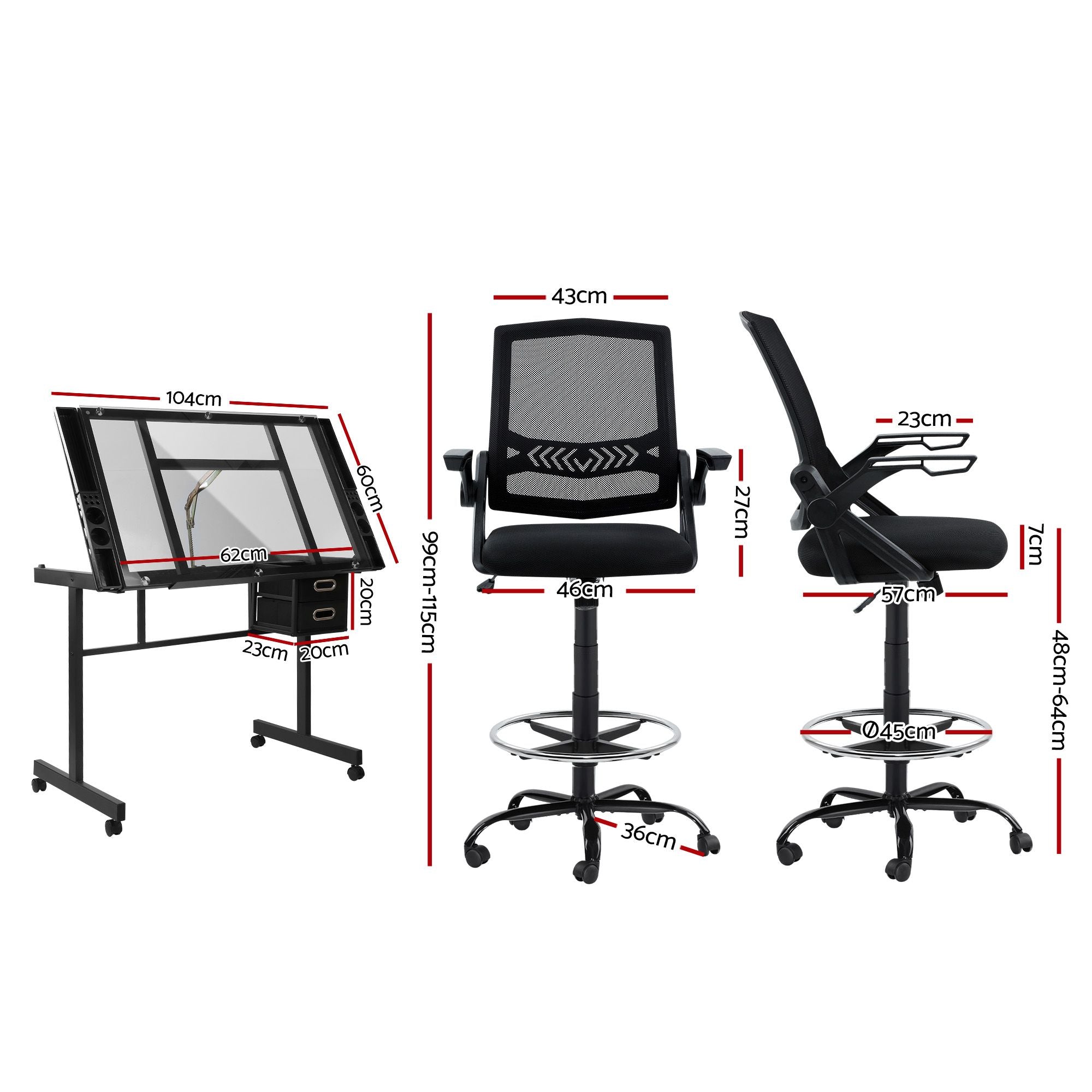 Artiss Drawing Table with Ergonomic Office Chair, Drafting Tables with Tempered Glass Desktop, Removable Drawers, Drafting Stool with Height Adjustable