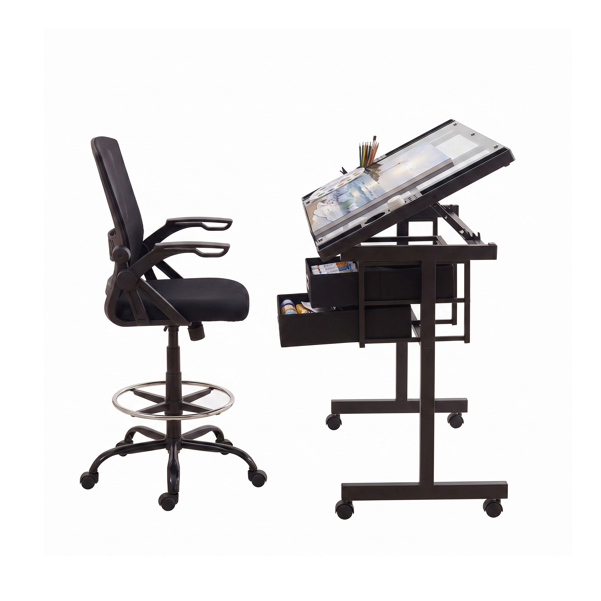 Artiss Drawing Table with Ergonomic Office Chair, Drafting Tables with Tempered Glass Desktop, Removable Drawers, Drafting Stool with Height Adjustable