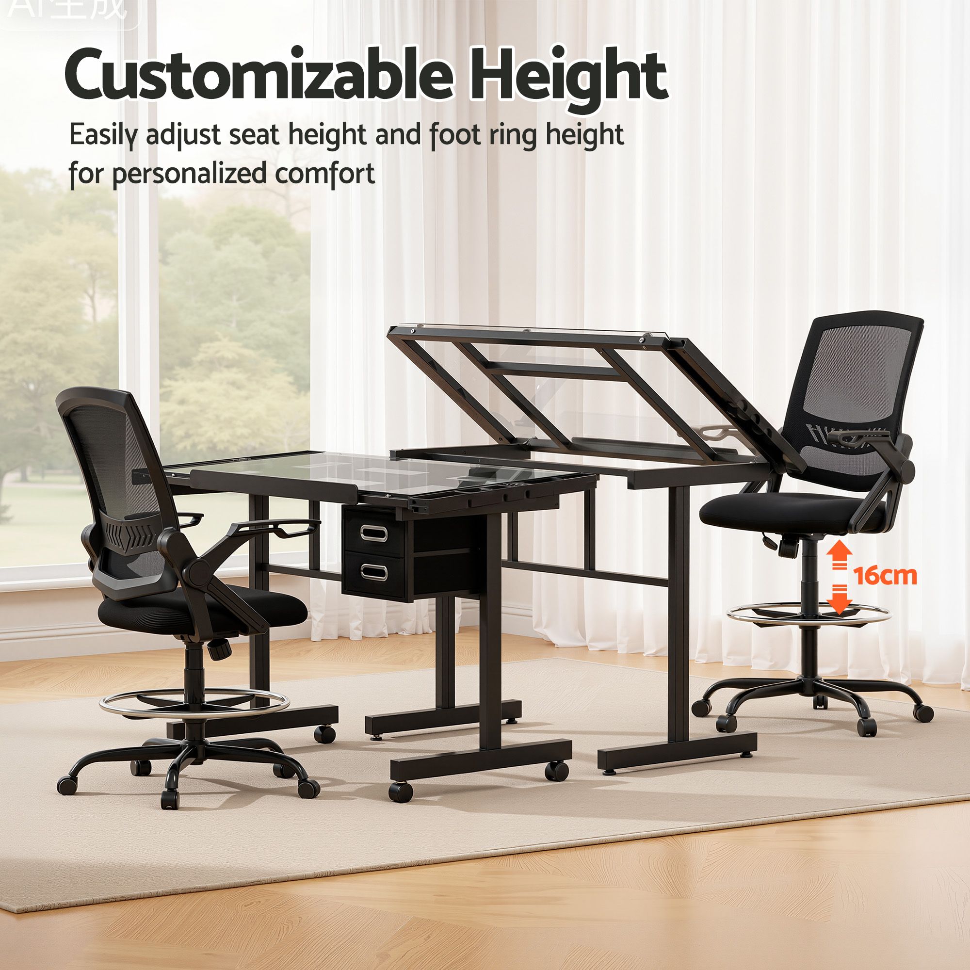 Artiss Drawing Table with Ergonomic Office Chair, Drafting Tables with Tempered Glass Desktop, Removable Drawers, Drafting Stool with Height Adjustable