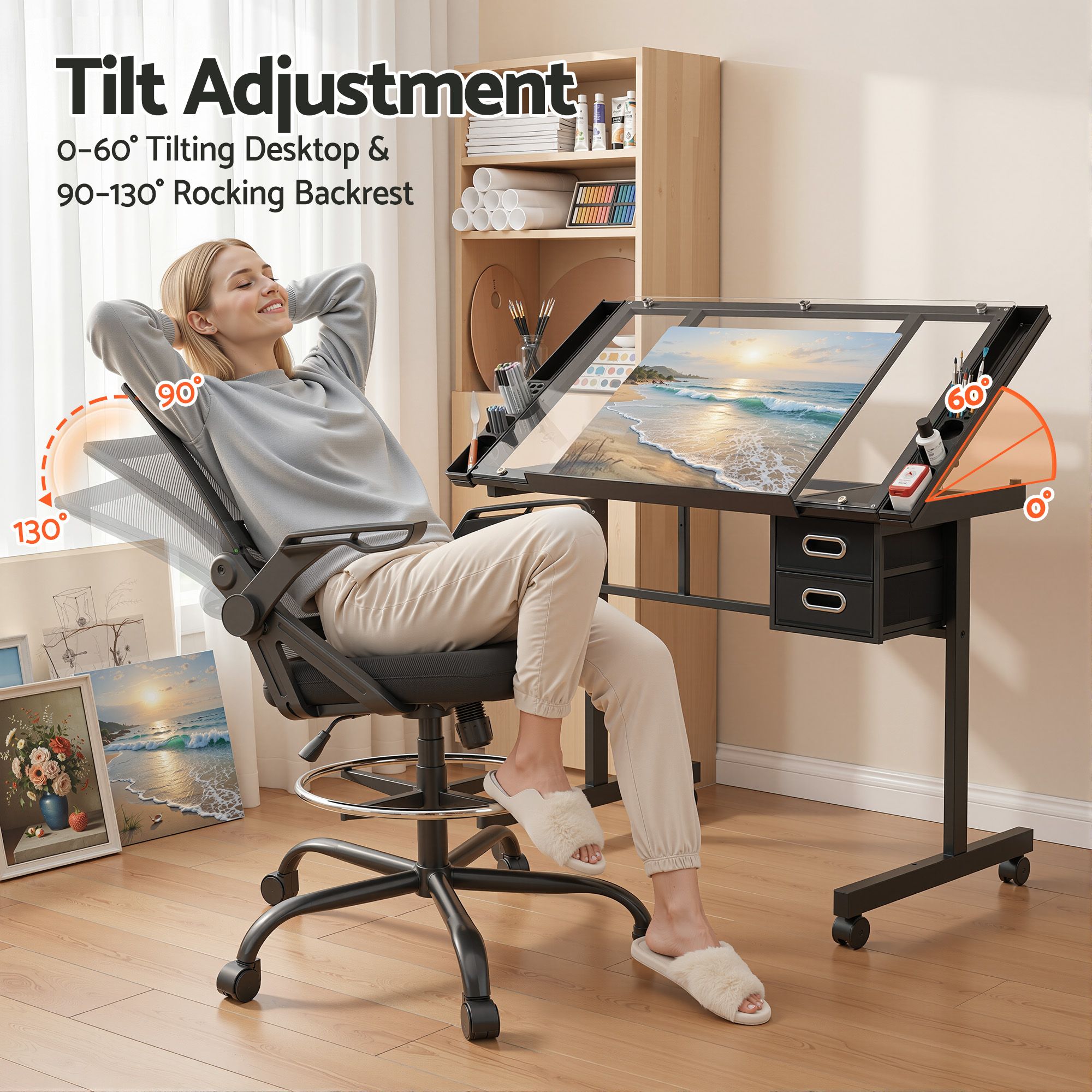 Artiss Drawing Table with Ergonomic Office Chair, Drafting Tables with Tempered Glass Desktop, Removable Drawers, Drafting Stool with Height Adjustable