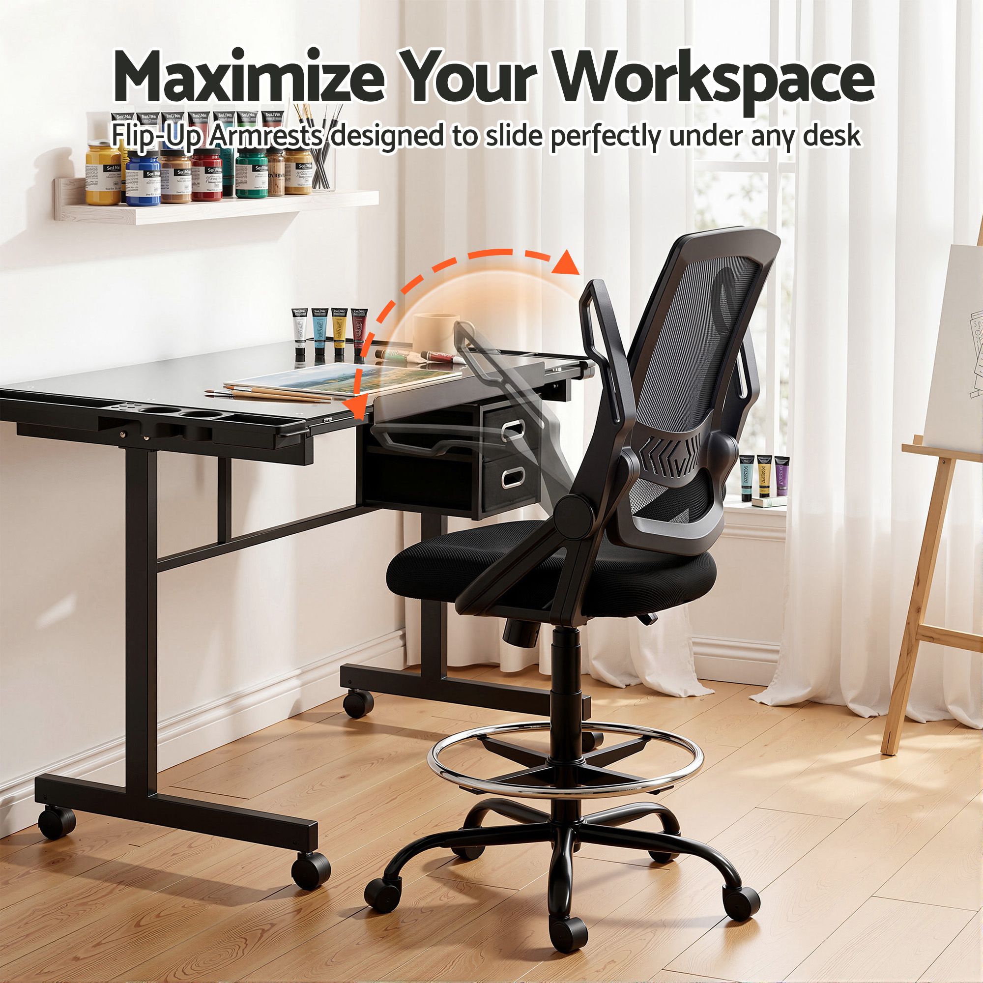Artiss Drawing Table with Ergonomic Office Chair, Drafting Tables with Tempered Glass Desktop, Removable Drawers, Drafting Stool with Height Adjustable