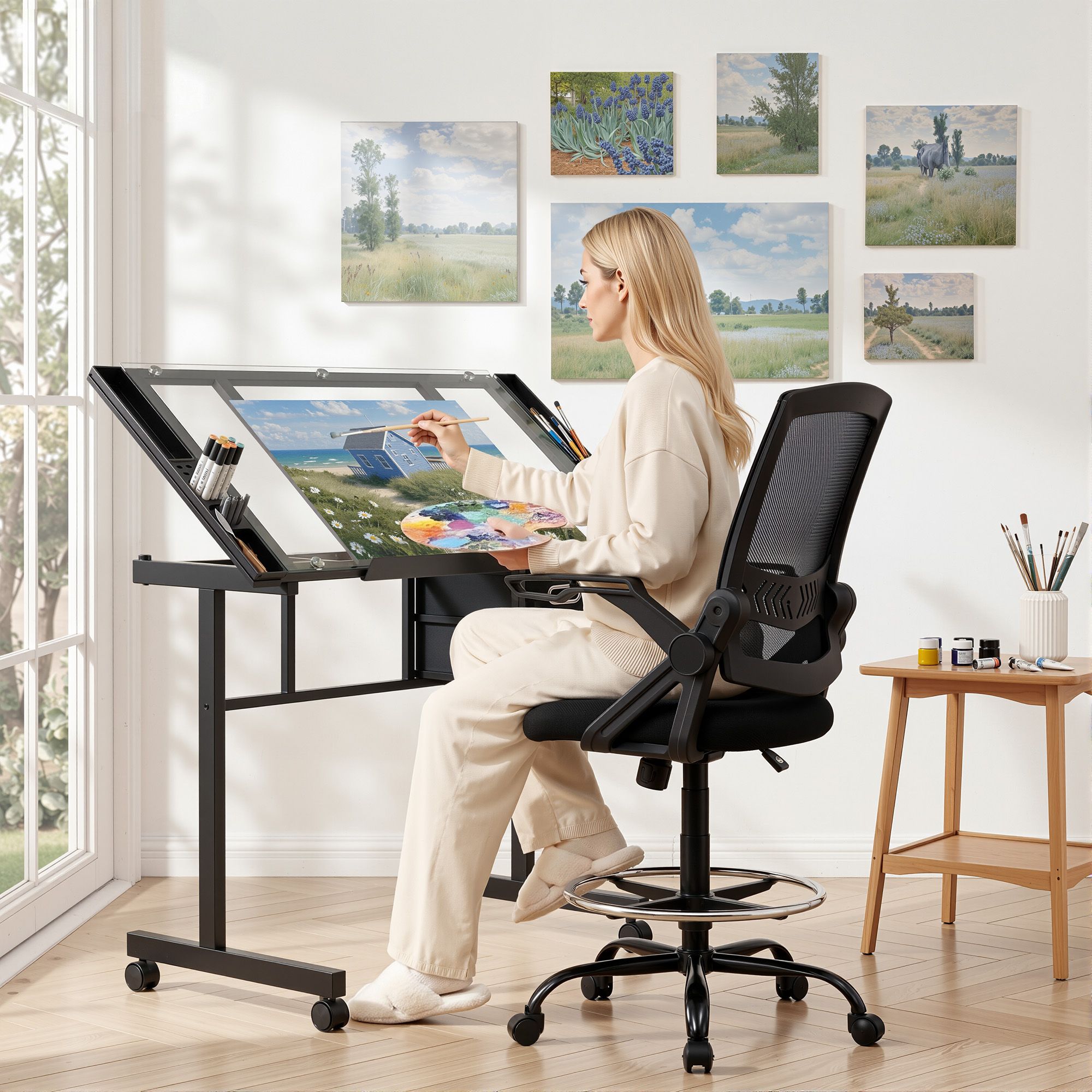 Artiss Drawing Table with Ergonomic Office Chair, Drafting Tables with Tempered Glass Desktop, Removable Drawers, Drafting Stool with Height Adjustable