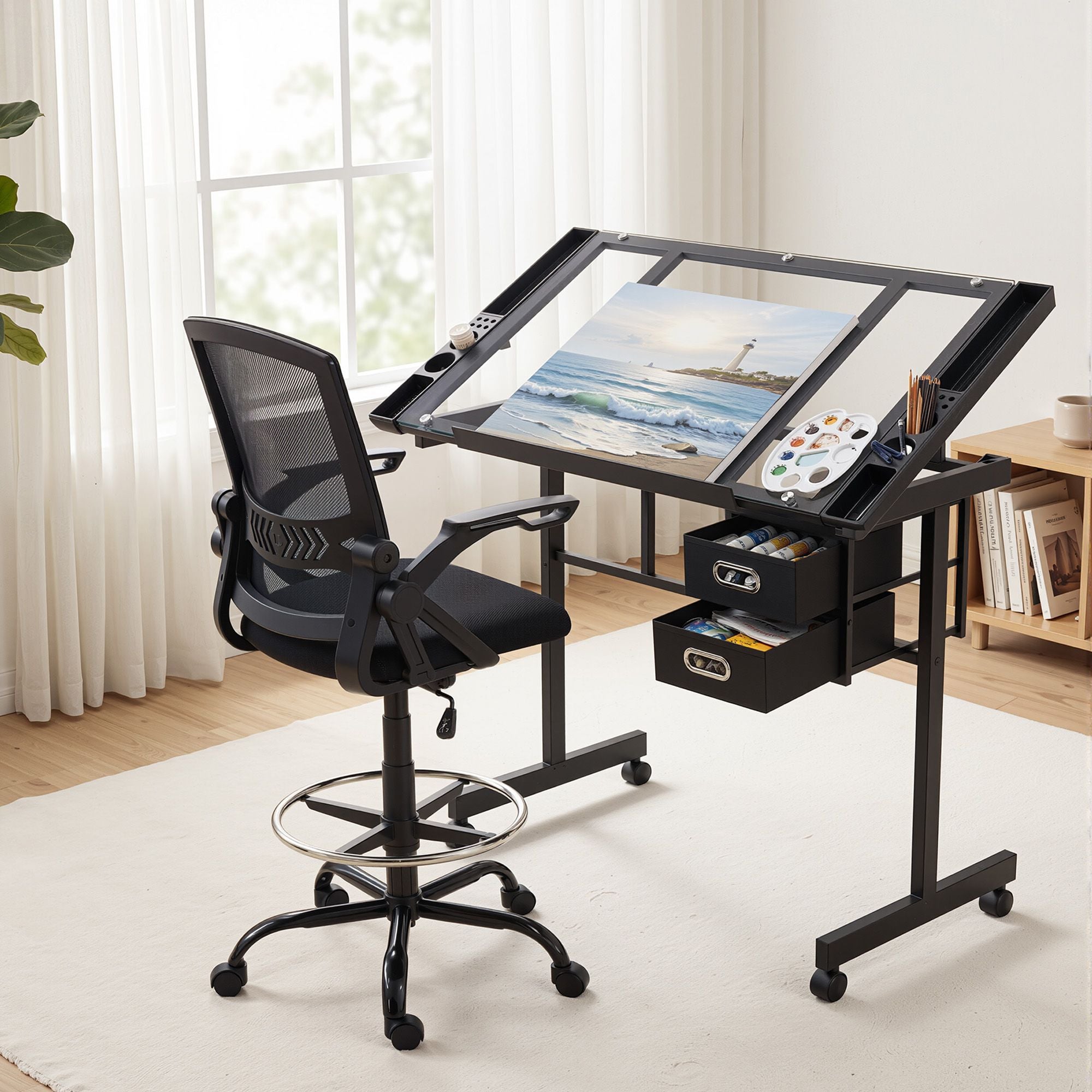 Artiss Drawing Table with Ergonomic Office Chair, Drafting Tables with Tempered Glass Desktop, Removable Drawers, Drafting Stool with Height Adjustable
