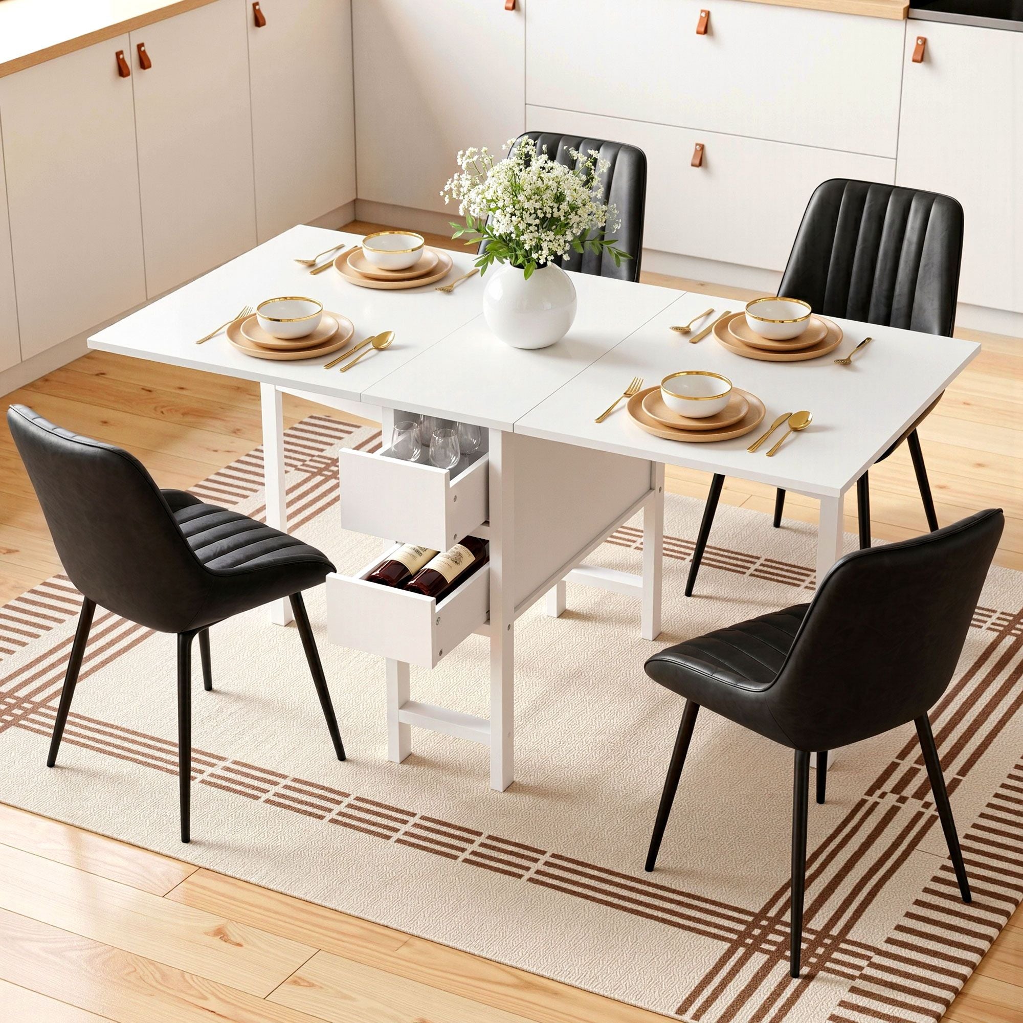 Artiss Dining Table and Chairs Set 5pcs Foldable Kitchen Furniture with 2 Drawers