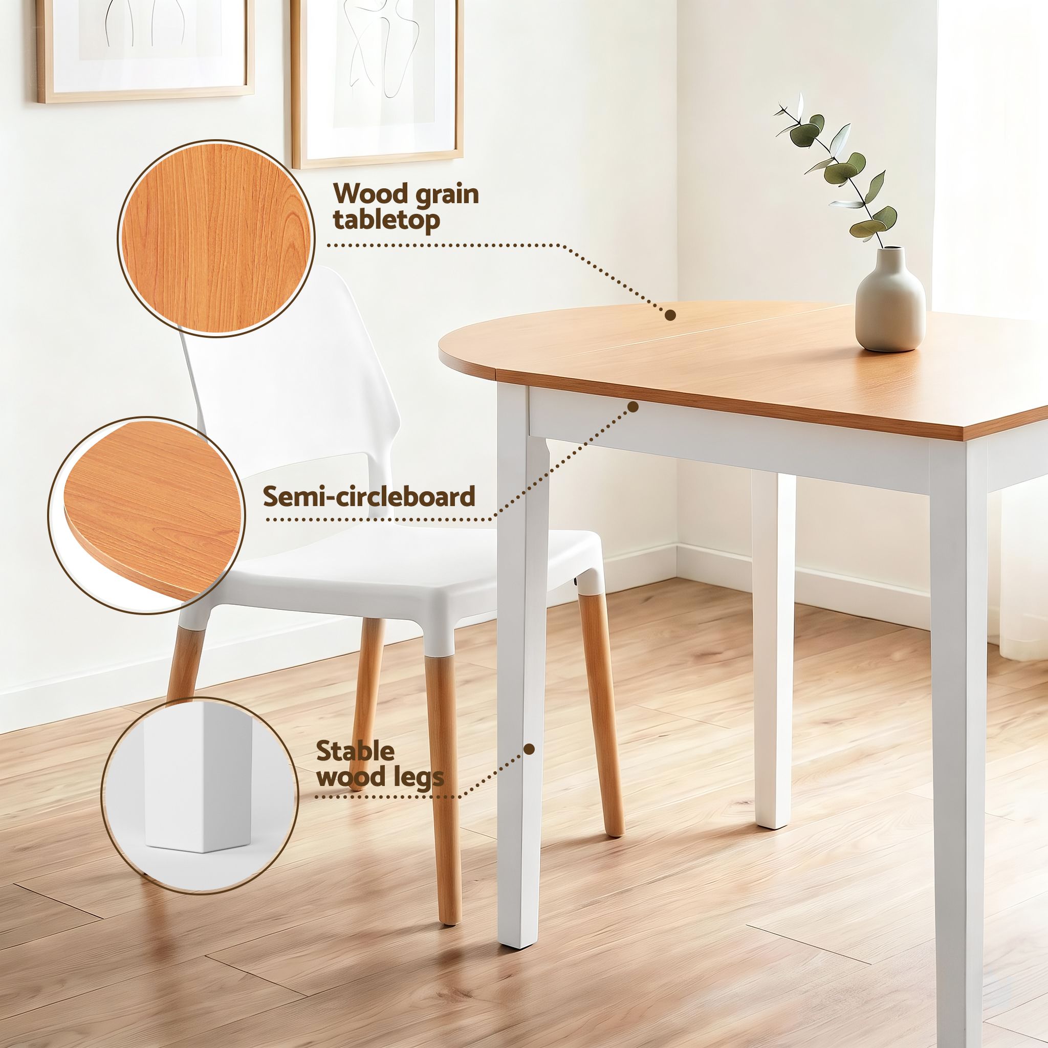 Artiss Dining Table and Chairs Set 5PCS, 75-110cm Drop-Leaf Table, with 4 Dining Chairs White Wooden, 4 Seater Dining Table Set