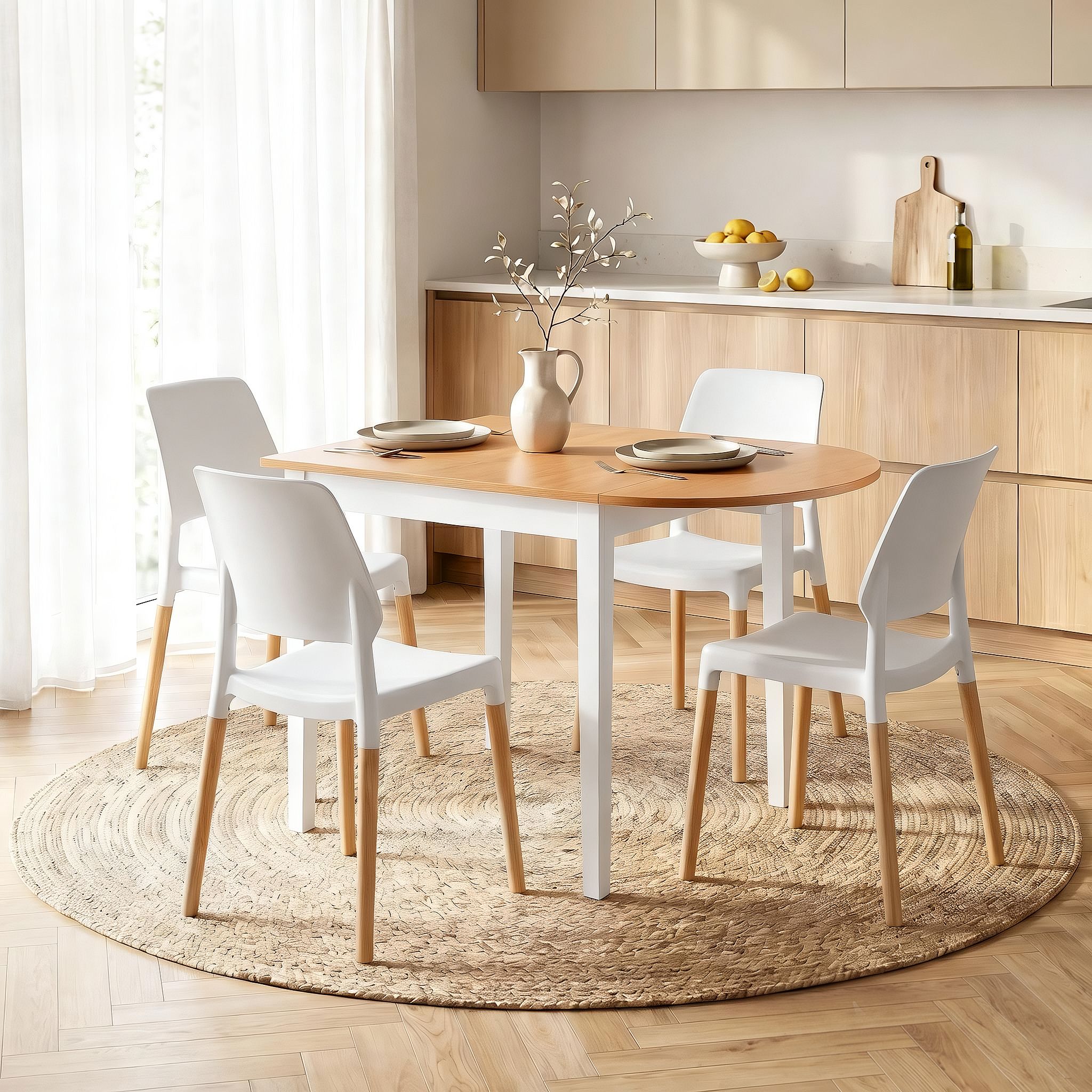 Artiss Dining Table and Chairs Set 5PCS, 75-110cm Drop-Leaf Table, with 4 Dining Chairs White Wooden, 4 Seater Dining Table Set
