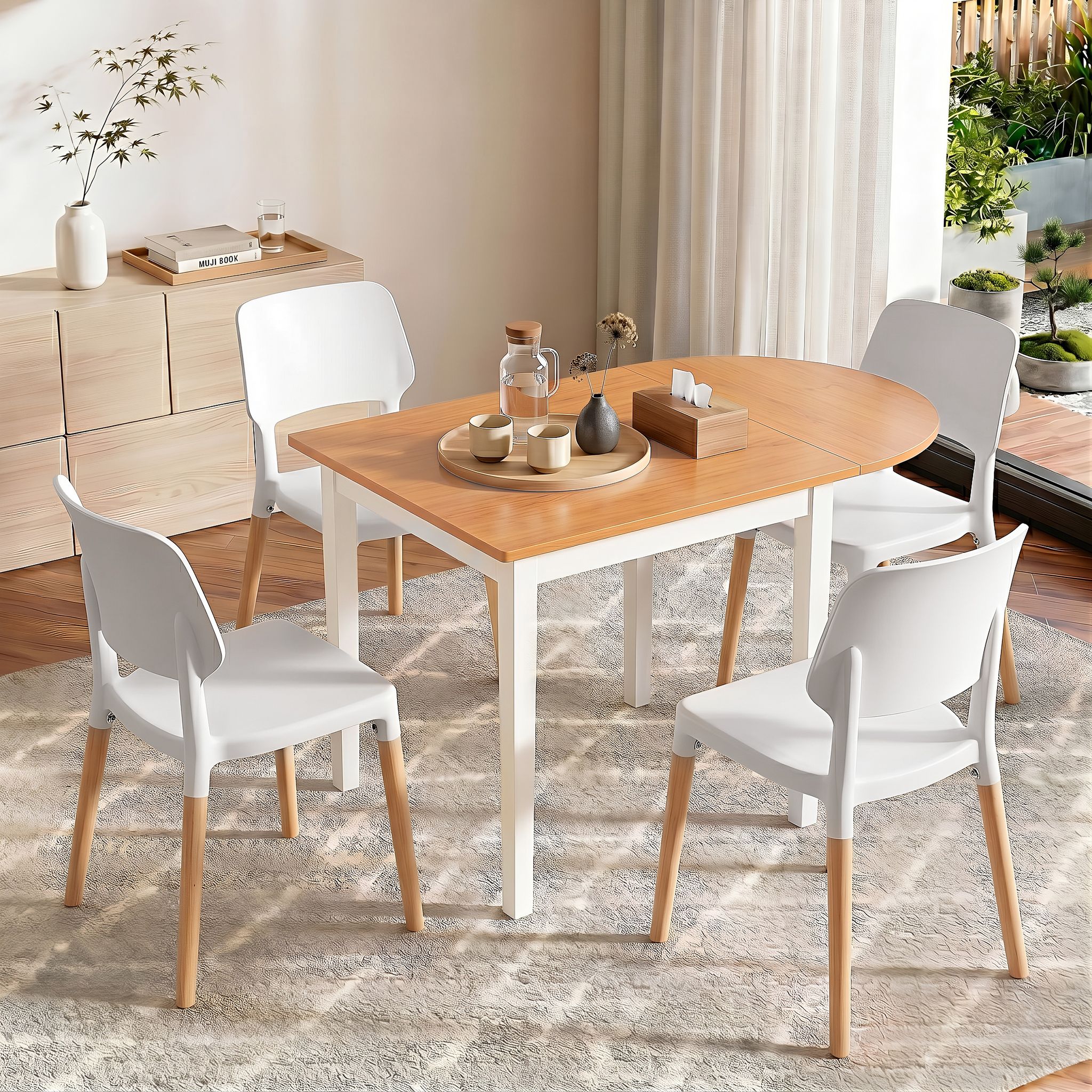 Artiss Dining Table and Chairs Set 5PCS, 75-110cm Drop-Leaf Table, with 4 Dining Chairs White Wooden, 4 Seater Dining Table Set