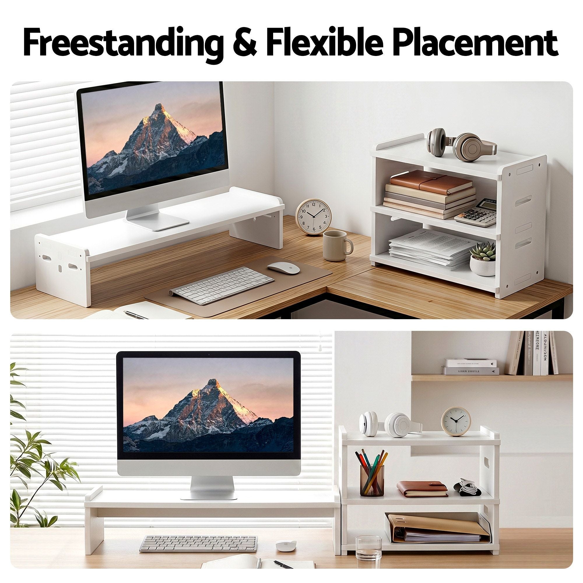 Artiss Monitor Stand and 3-Tier Desk Organiser 2-in-1 Modular Computer Monitor Riser PVC Desktop Shelf Holds 20kg