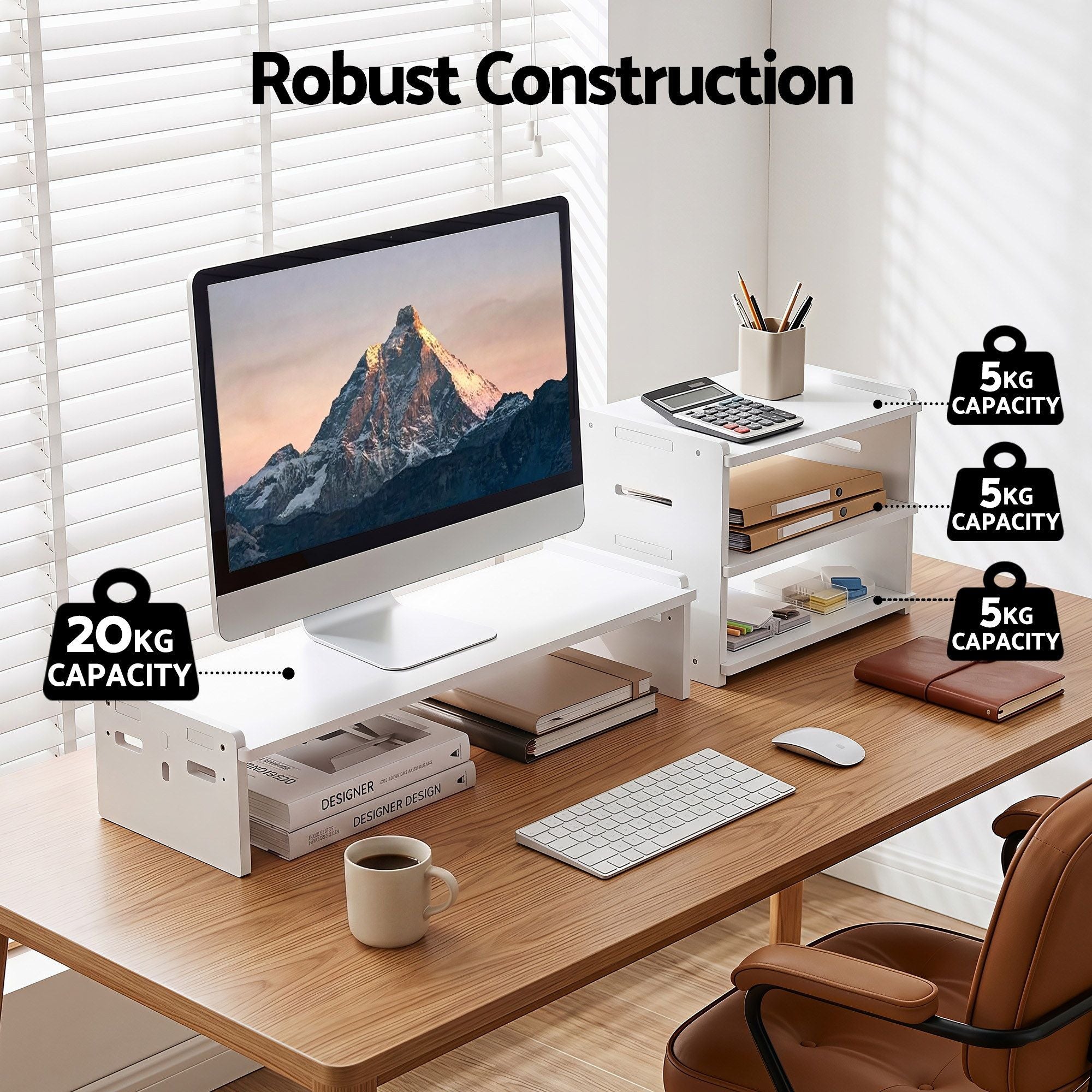 Artiss Monitor Stand and 3-Tier Desk Organiser 2-in-1 Modular Computer Monitor Riser PVC Desktop Shelf Holds 20kg