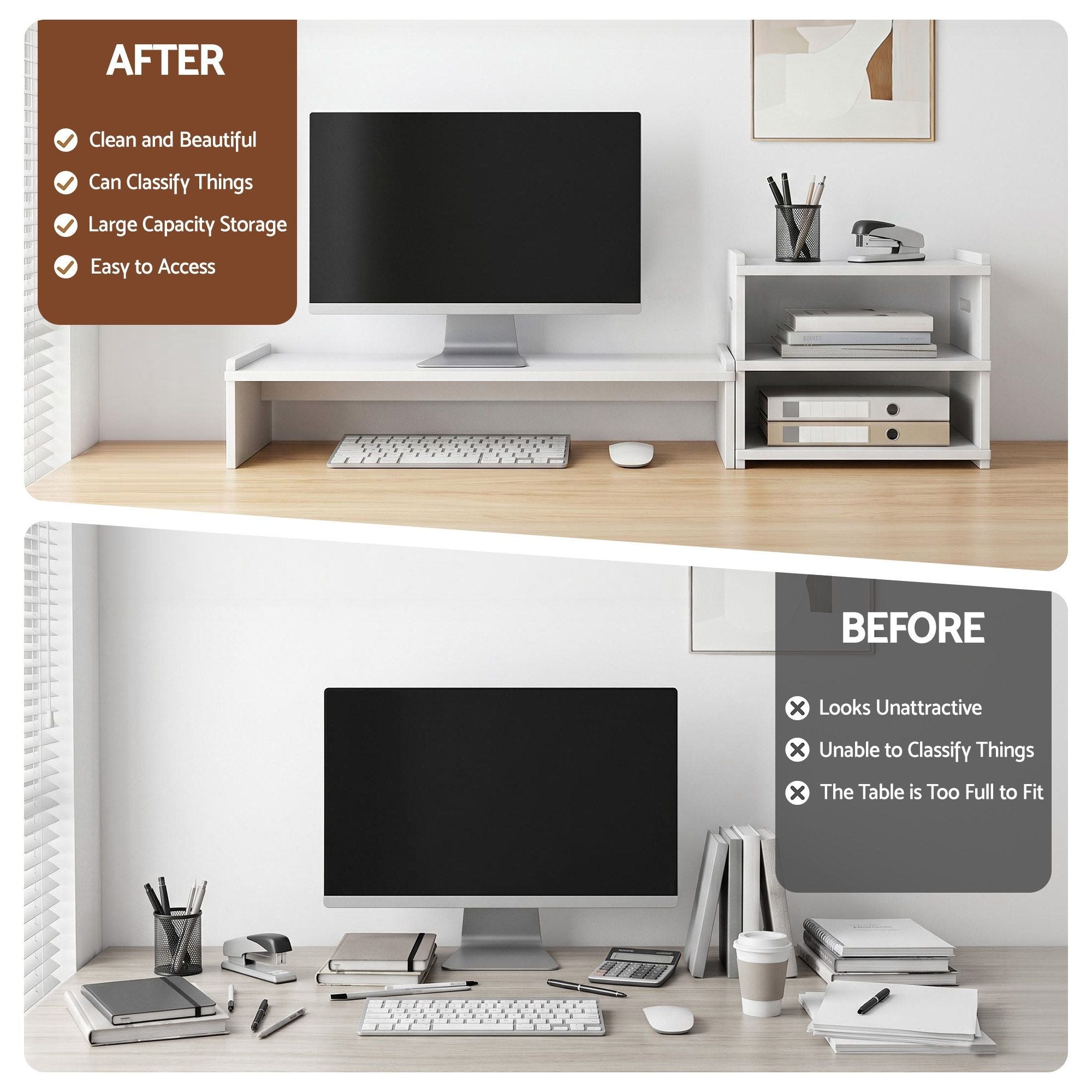 Artiss Monitor Stand and 3-Tier Desk Organiser 2-in-1 Modular Computer Monitor Riser PVC Desktop Shelf Holds 20kg