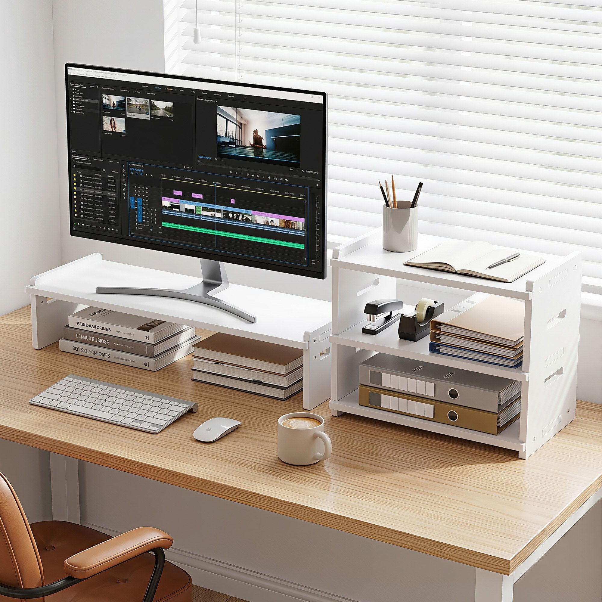 Artiss Monitor Stand and 3-Tier Desk Organiser 2-in-1 Modular Computer Monitor Riser PVC Desktop Shelf Holds 20kg