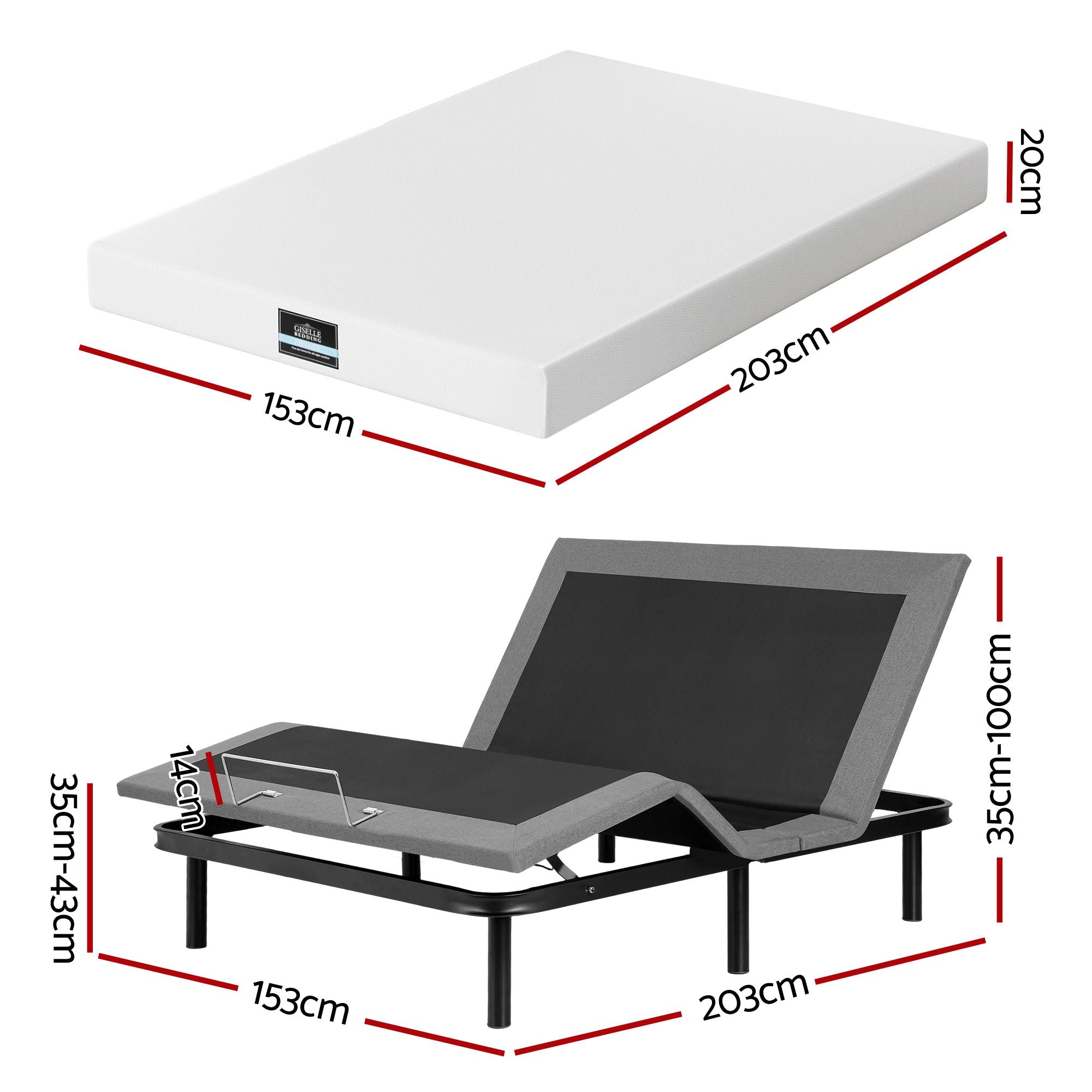 Artiss Queen size bed frame & Giselle Bedding Mattress Queen Combo, adjustable bed Base, Black