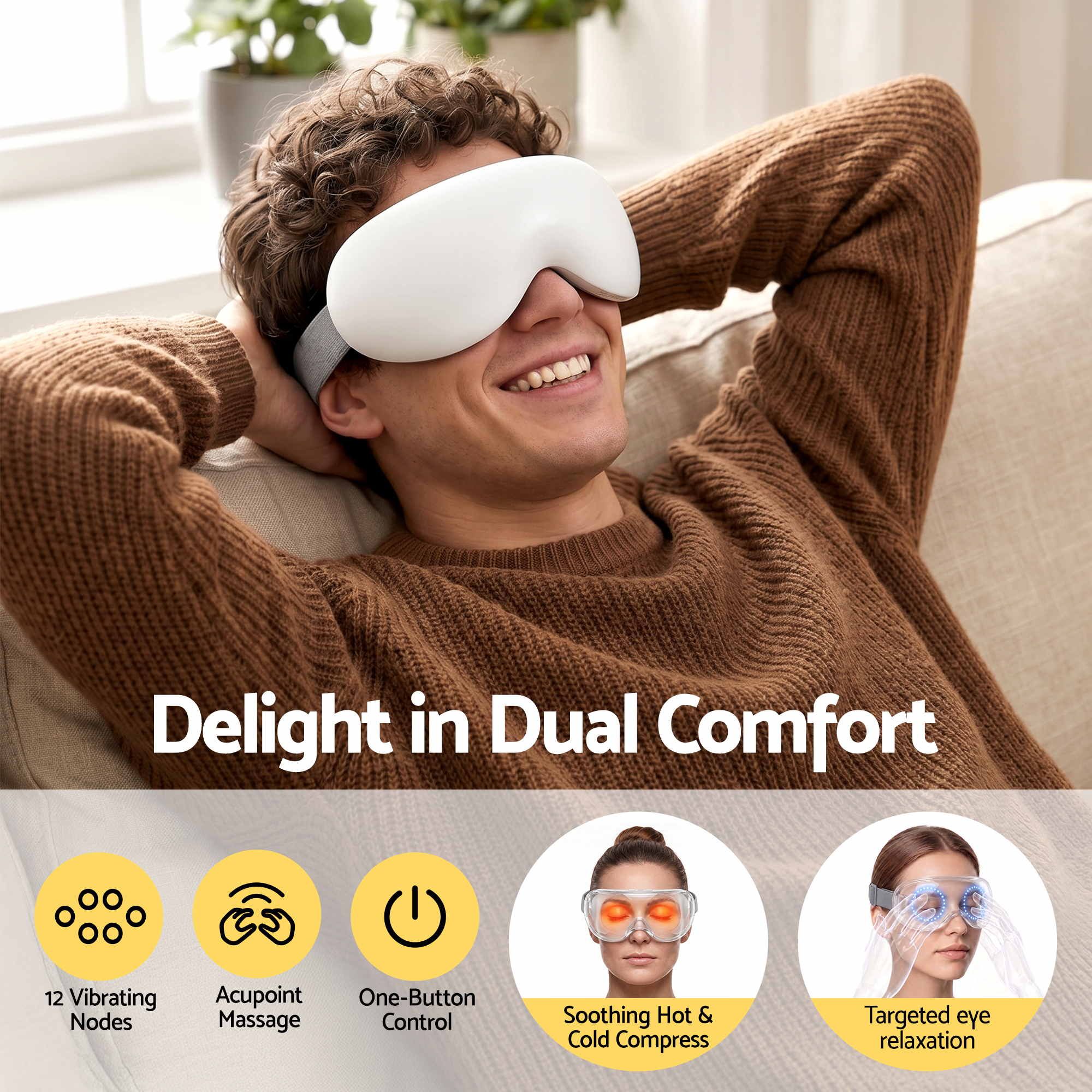 Livemor Eye Massager with Cooling & Heating | Dual Hot Cold Compress Goggles with 12 Vibrating Nodes for Migraine Relief