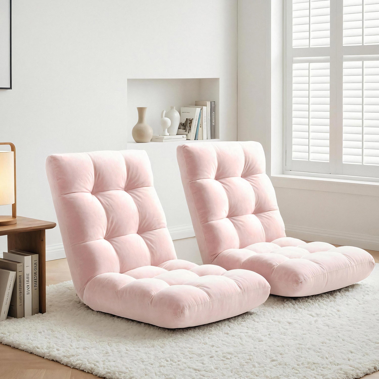 Artiss 2PCS Floor Lounge Sofa Bed Flannel Fabric Pink