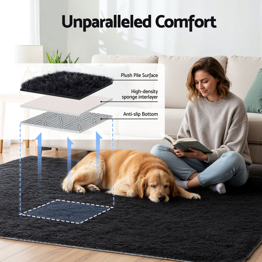 Artiss Floor Rug 160x230cm Plush Area Shaggy Rug Living Room Bedroom Carpet Black