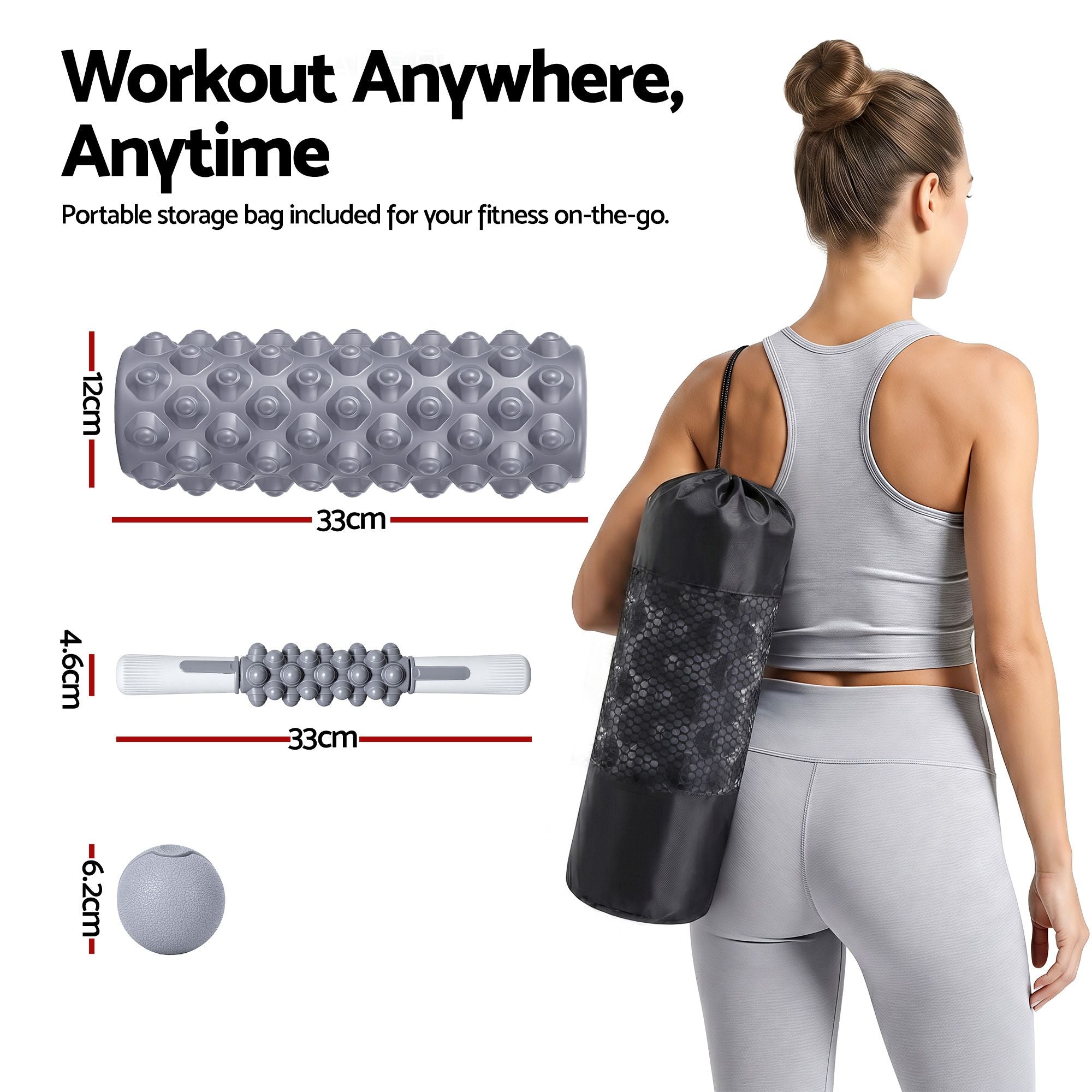 Everfit Foam Roller Set 3-in-1 with Targeted Recovery Muscle Roller Stick & Deep Tissue Massage Ball, Heavy Duty 150KG Support Gym Roller