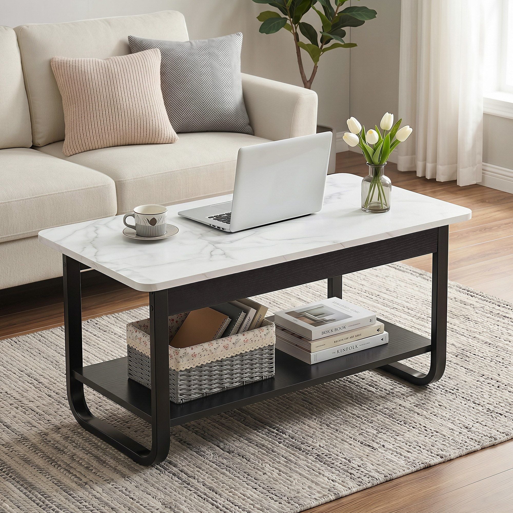 Artiss Coffee Table 2-Tier 80CM Marble Finish Shelf Black & White