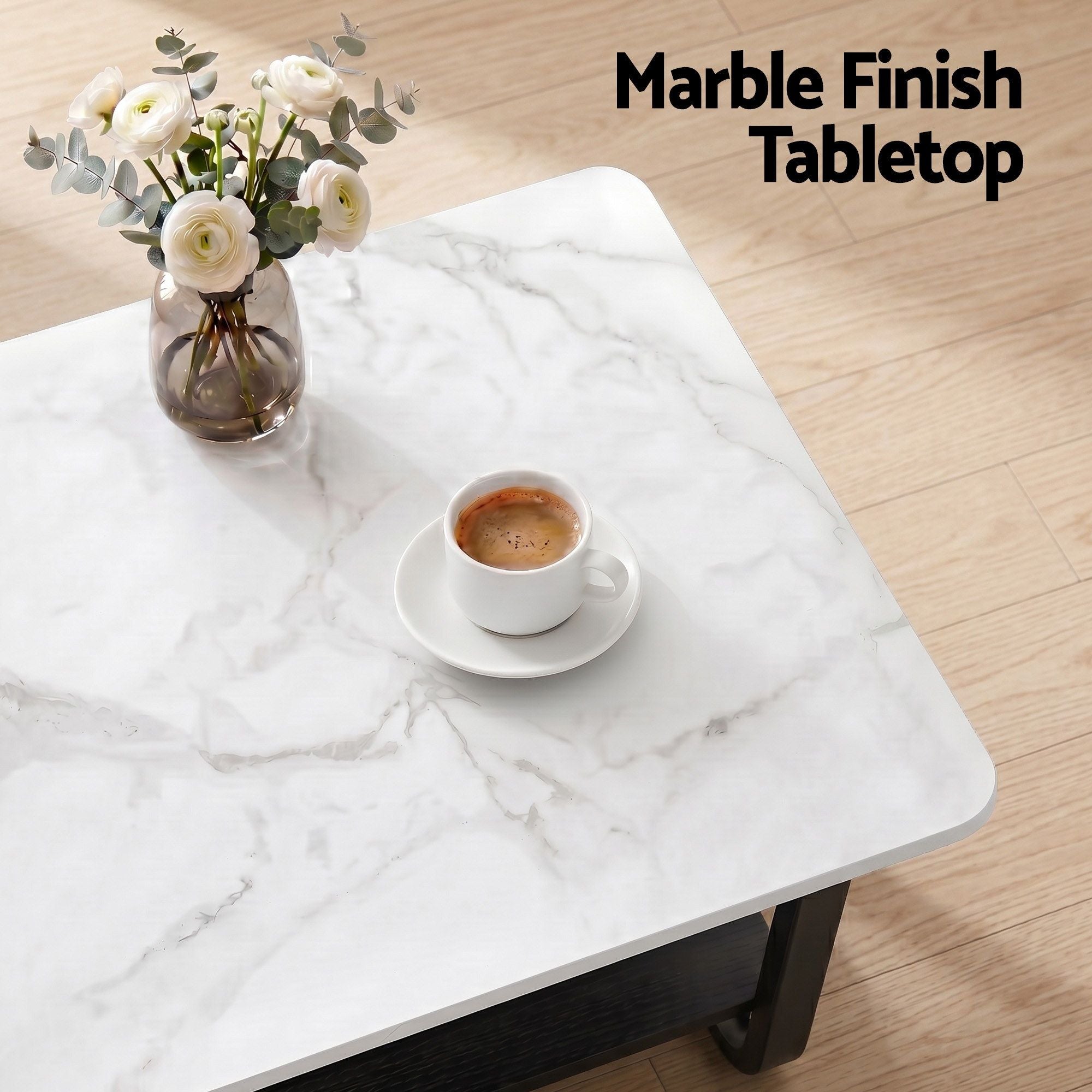 Artiss Coffee Table 2-Tier 80CM Marble Finish Shelf Black & White