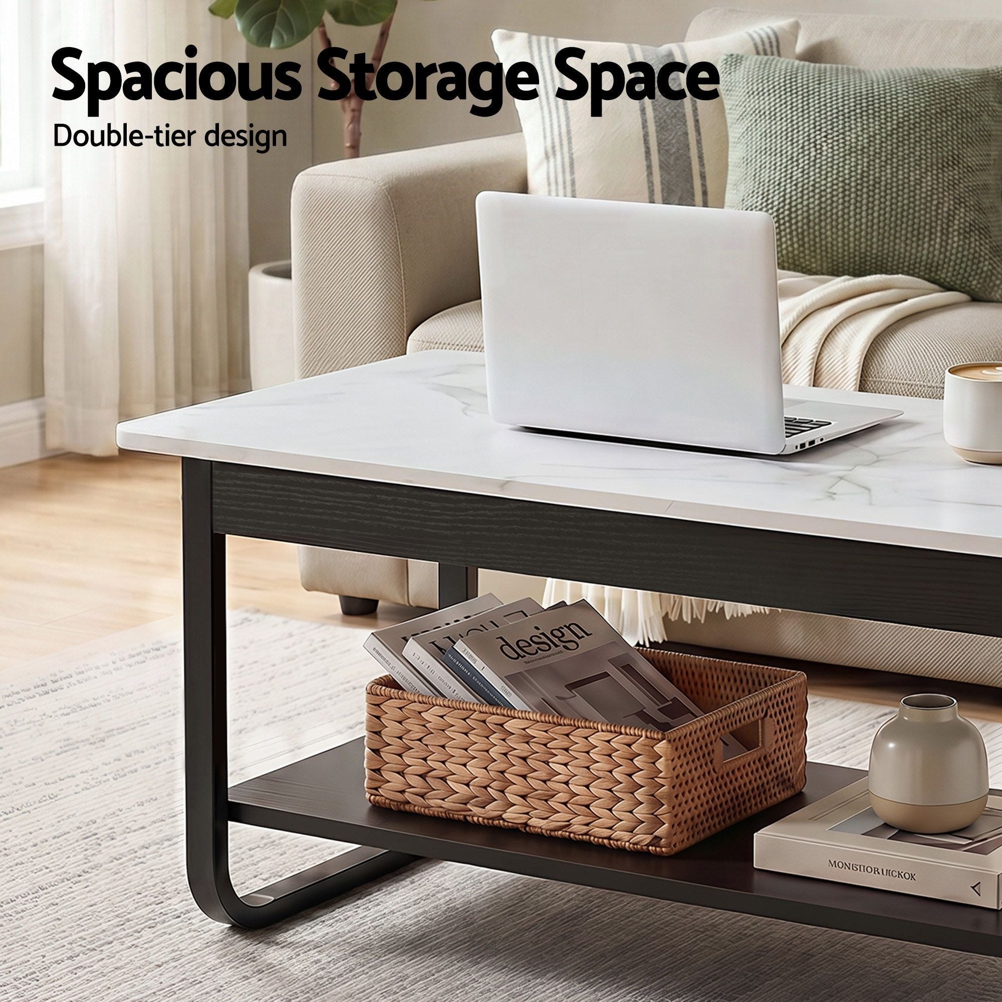 Artiss Coffee Table 2-Tier 80CM Marble Finish Shelf Black & White