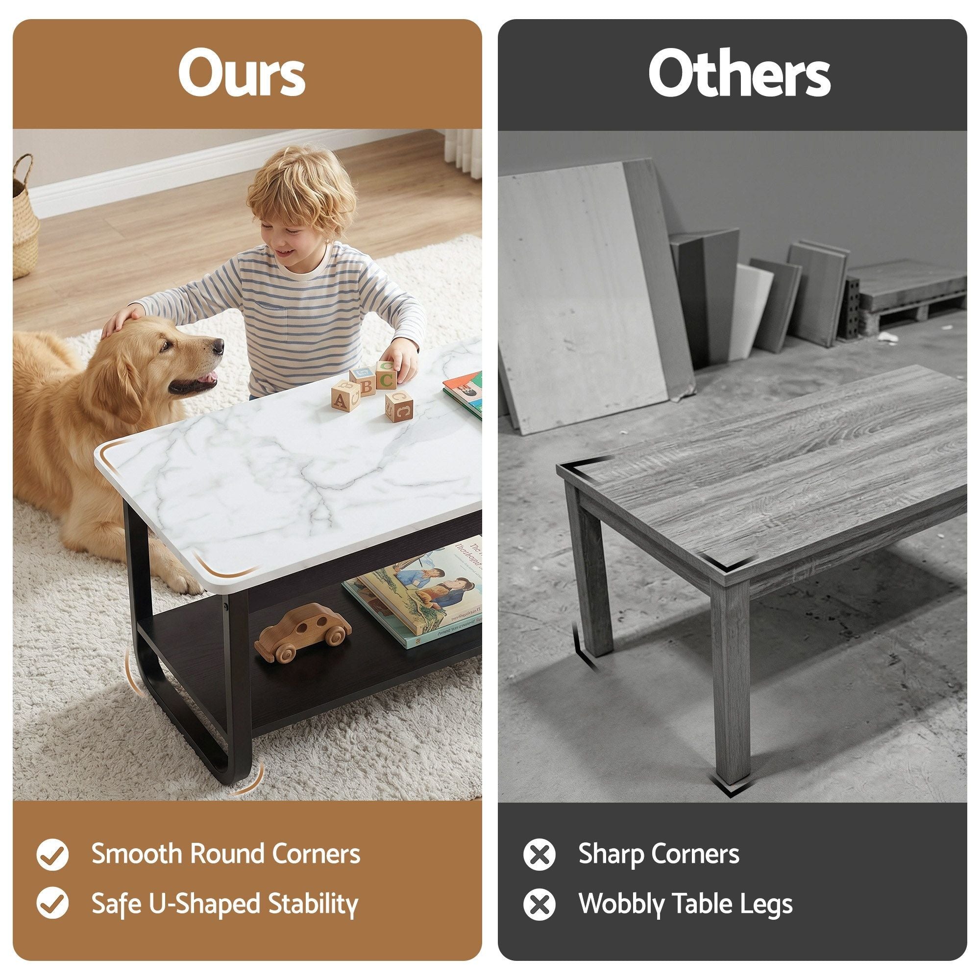 Artiss Coffee Table 2-Tier 80CM Marble Finish Shelf Black & White