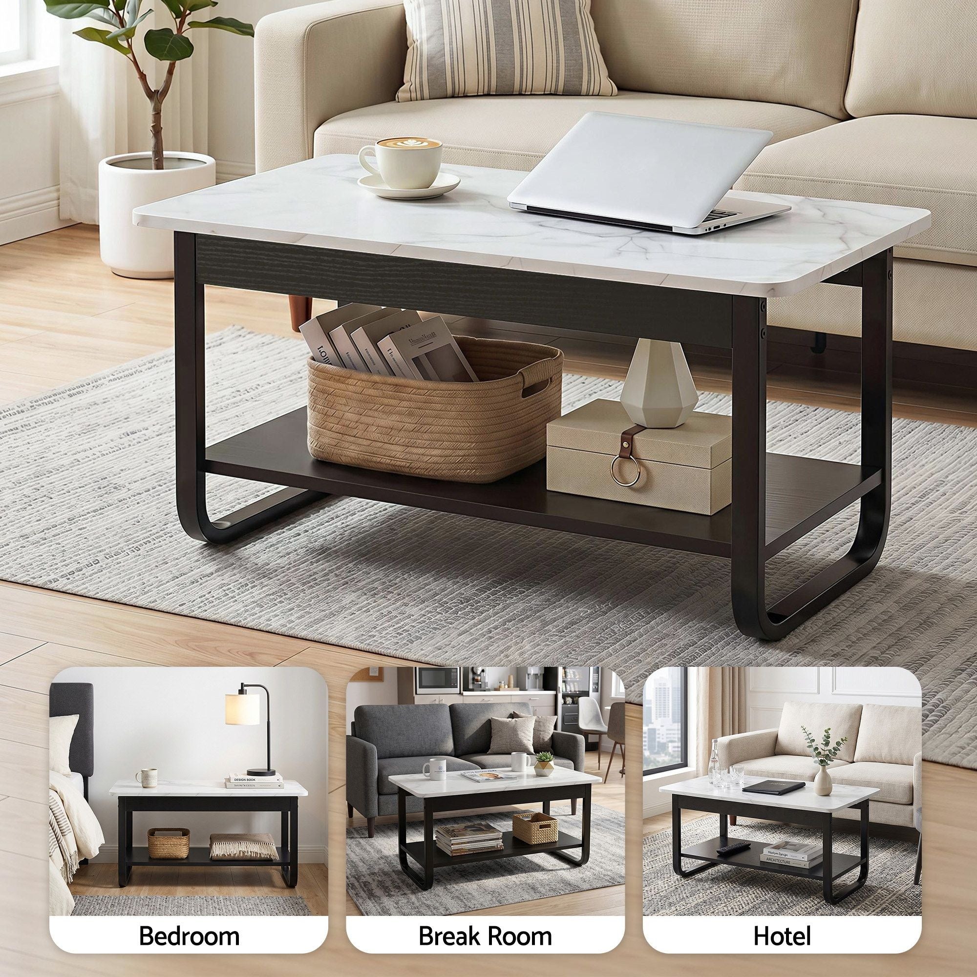 Artiss Coffee Table 2-Tier 80CM Marble Finish Shelf Black & White