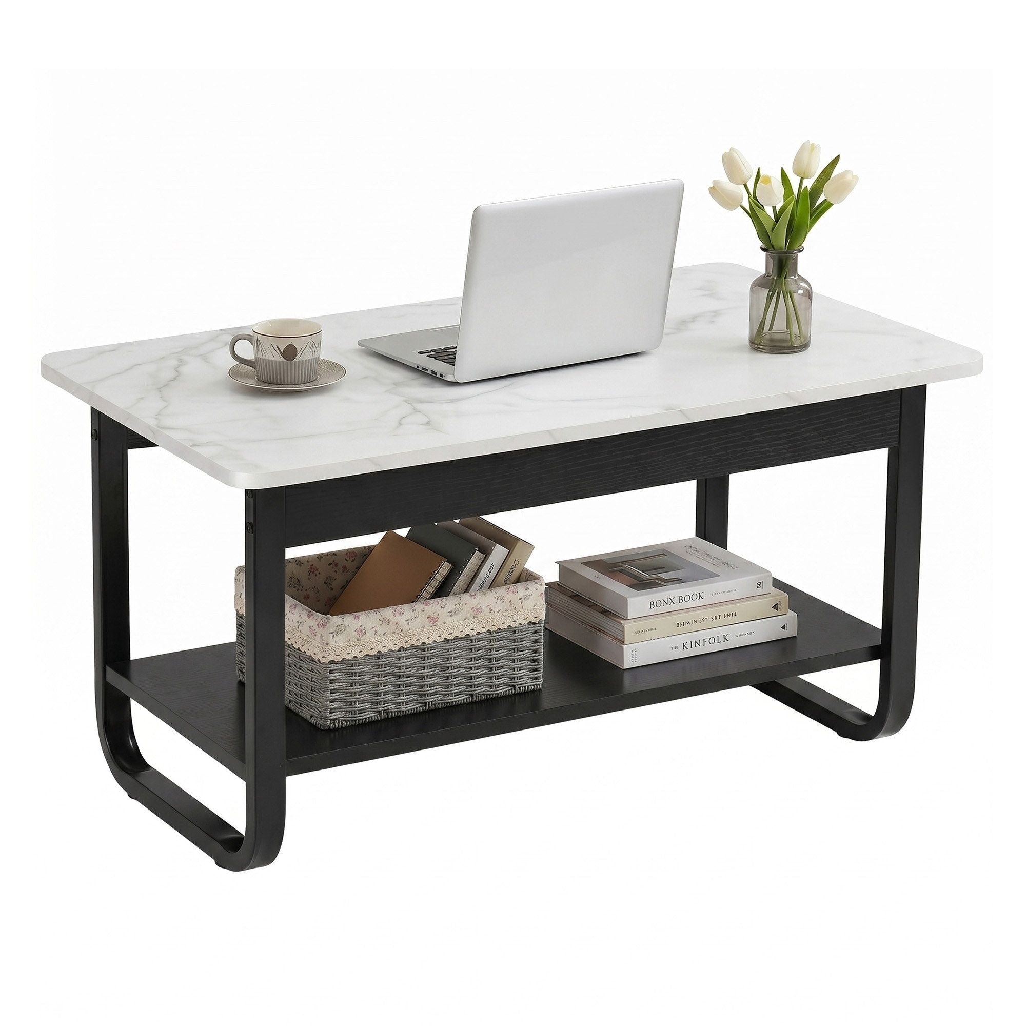 Artiss Coffee Table 2-Tier 80CM Marble Finish Shelf Black & White