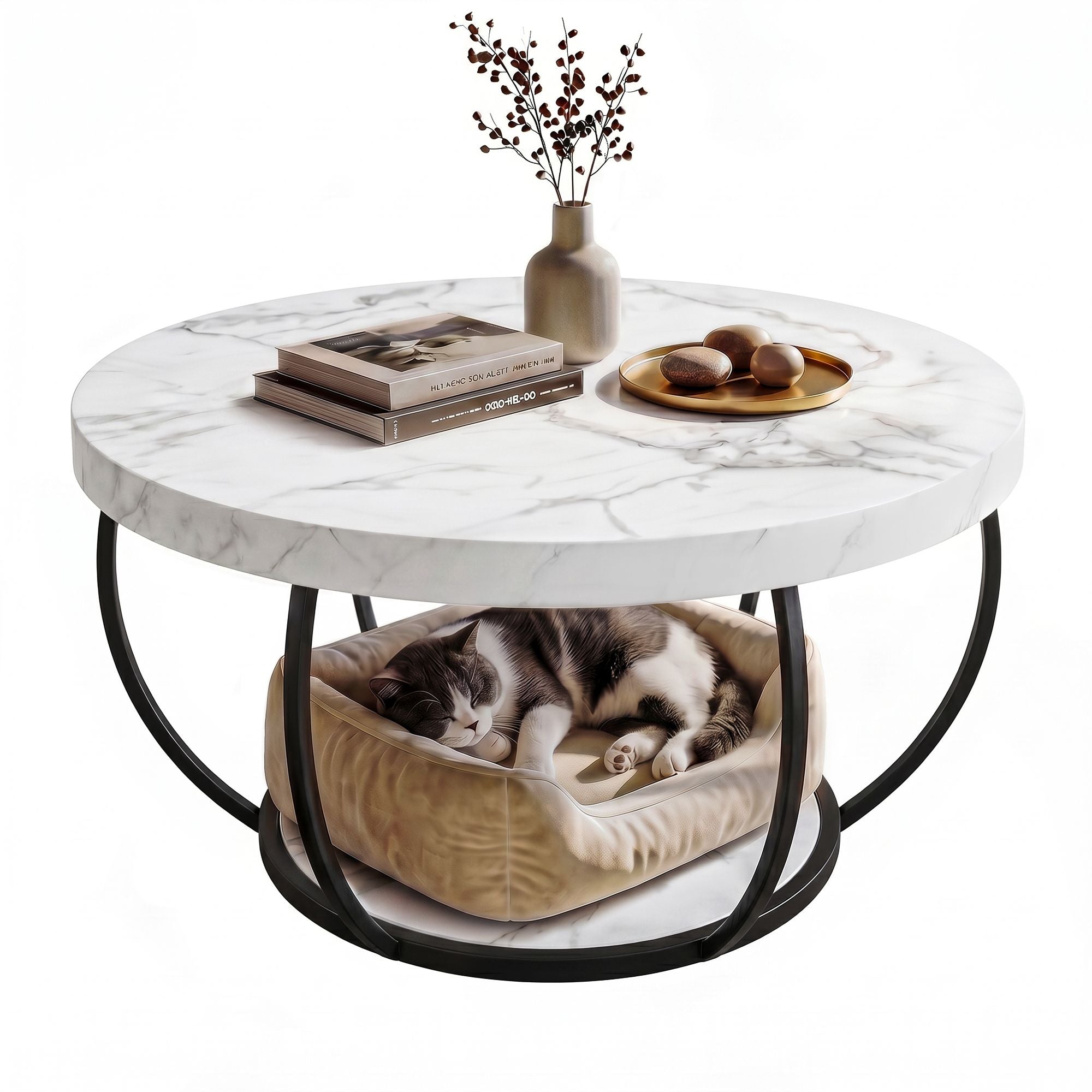 Artiss Coffee Table 2-Tier Marble Finish Round White & Black