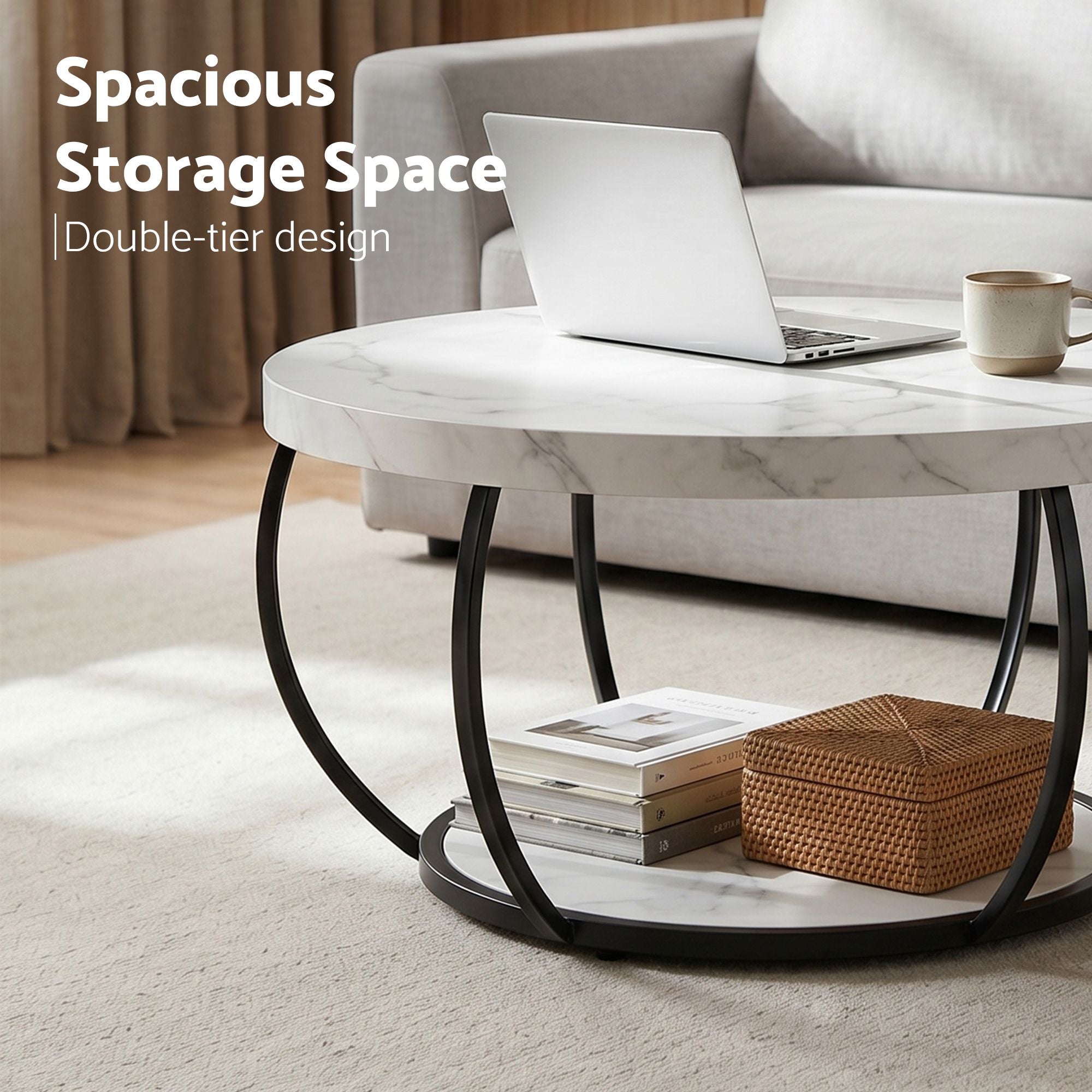 Artiss Coffee Table 2-Tier Marble Finish Round White & Black