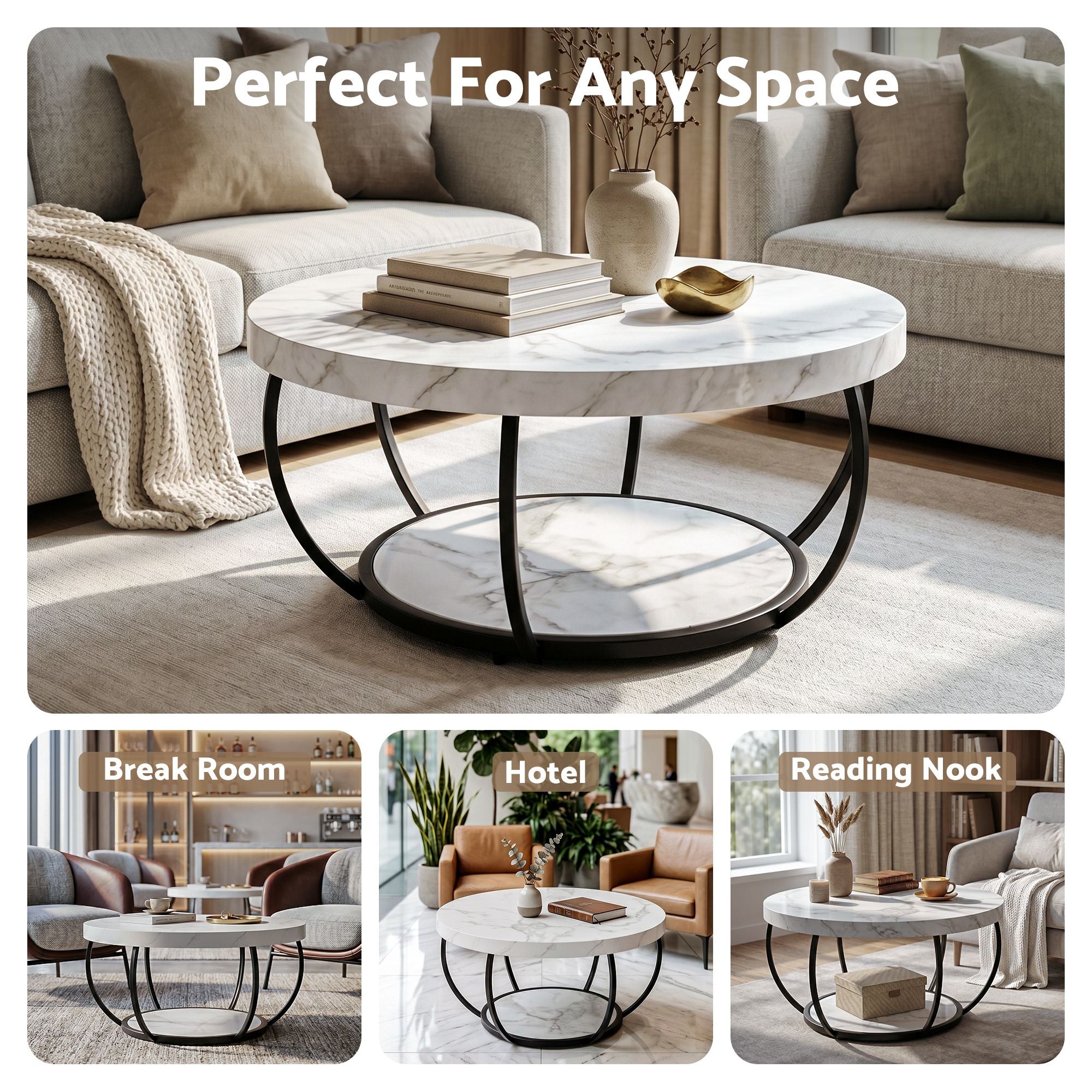 Artiss Coffee Table 2-Tier Marble Finish Round White & Black