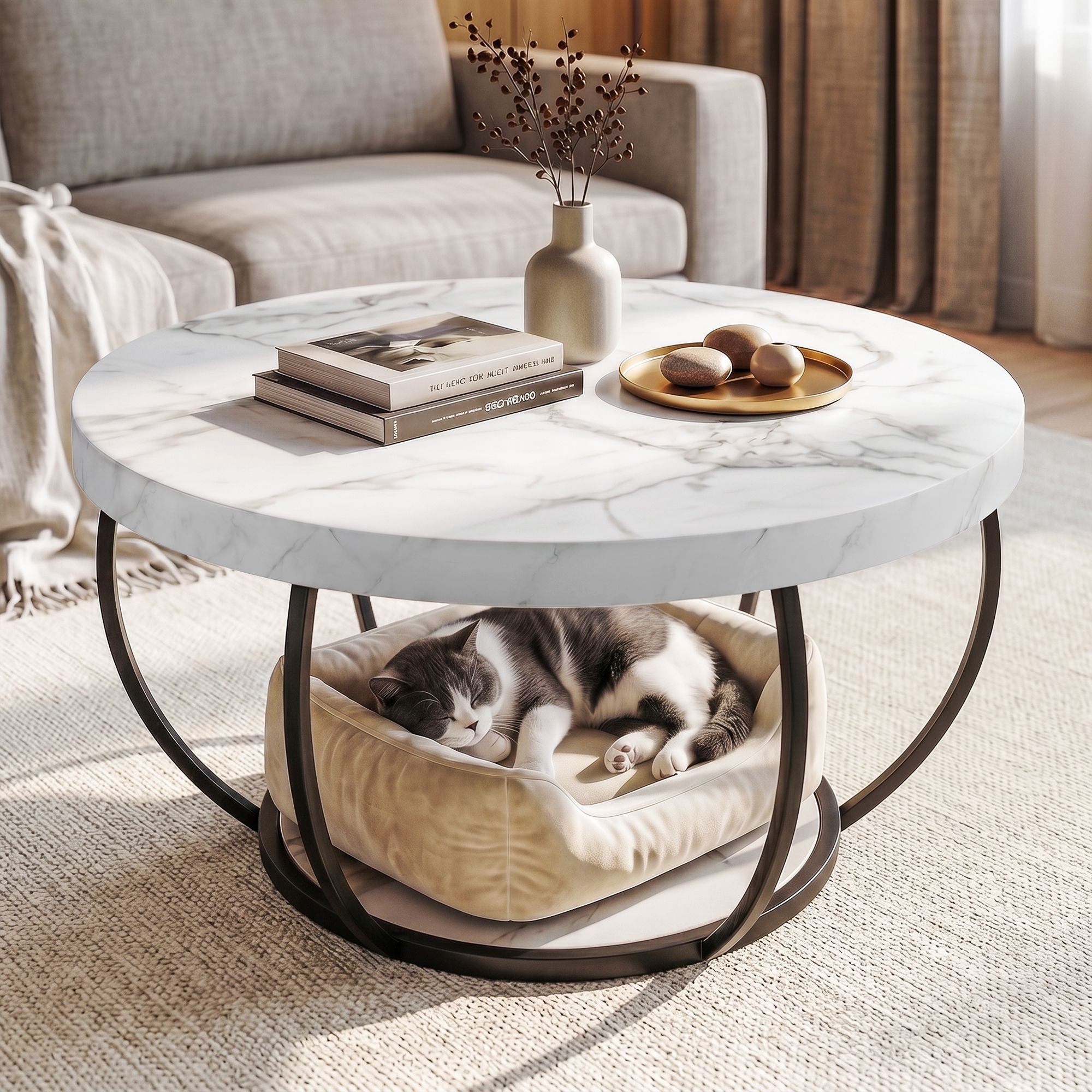 Artiss Coffee Table 2-Tier Marble Finish Round White & Black