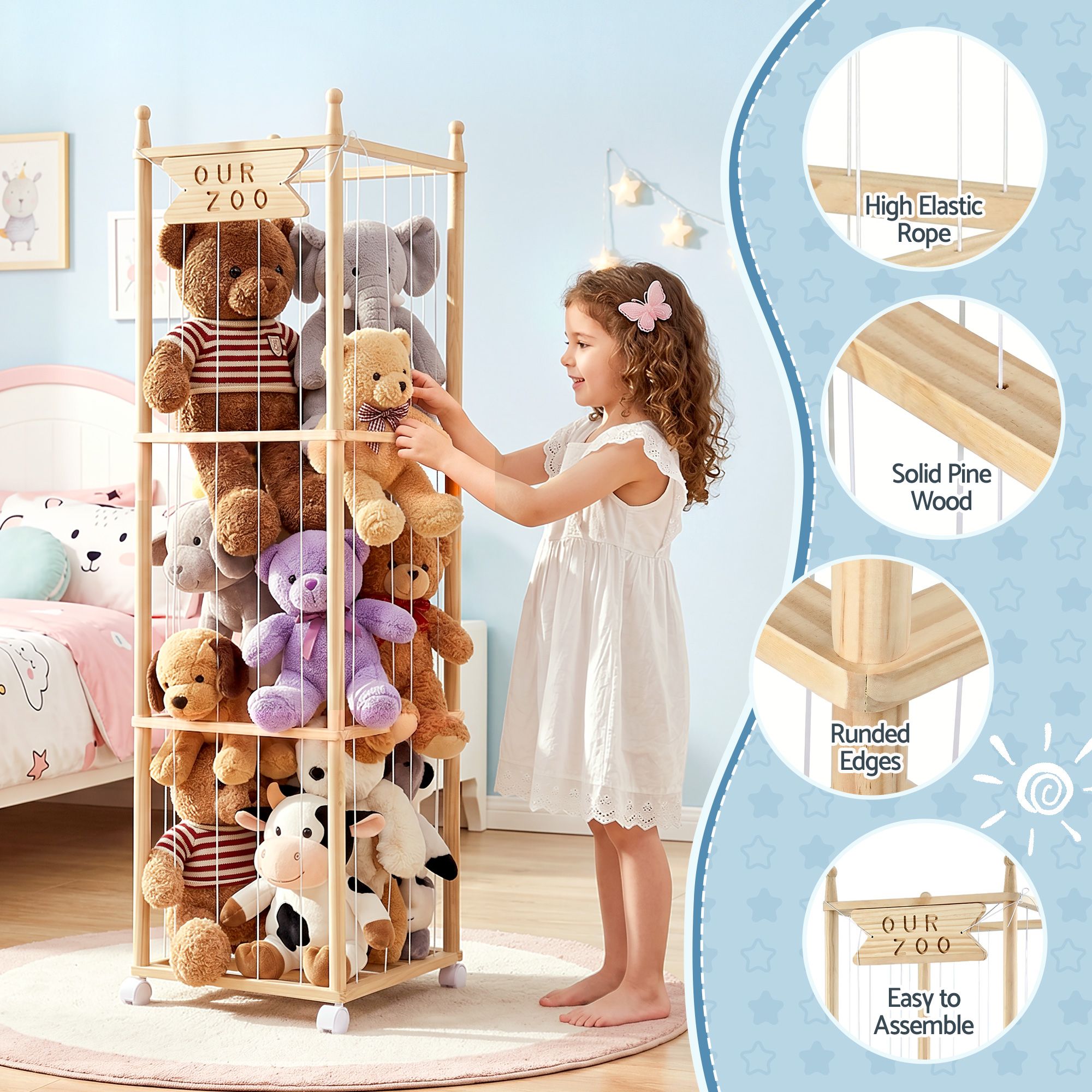 Keezi Stuffed Animal Storage Wooden Toy Holder with Wheels Elastic Cords