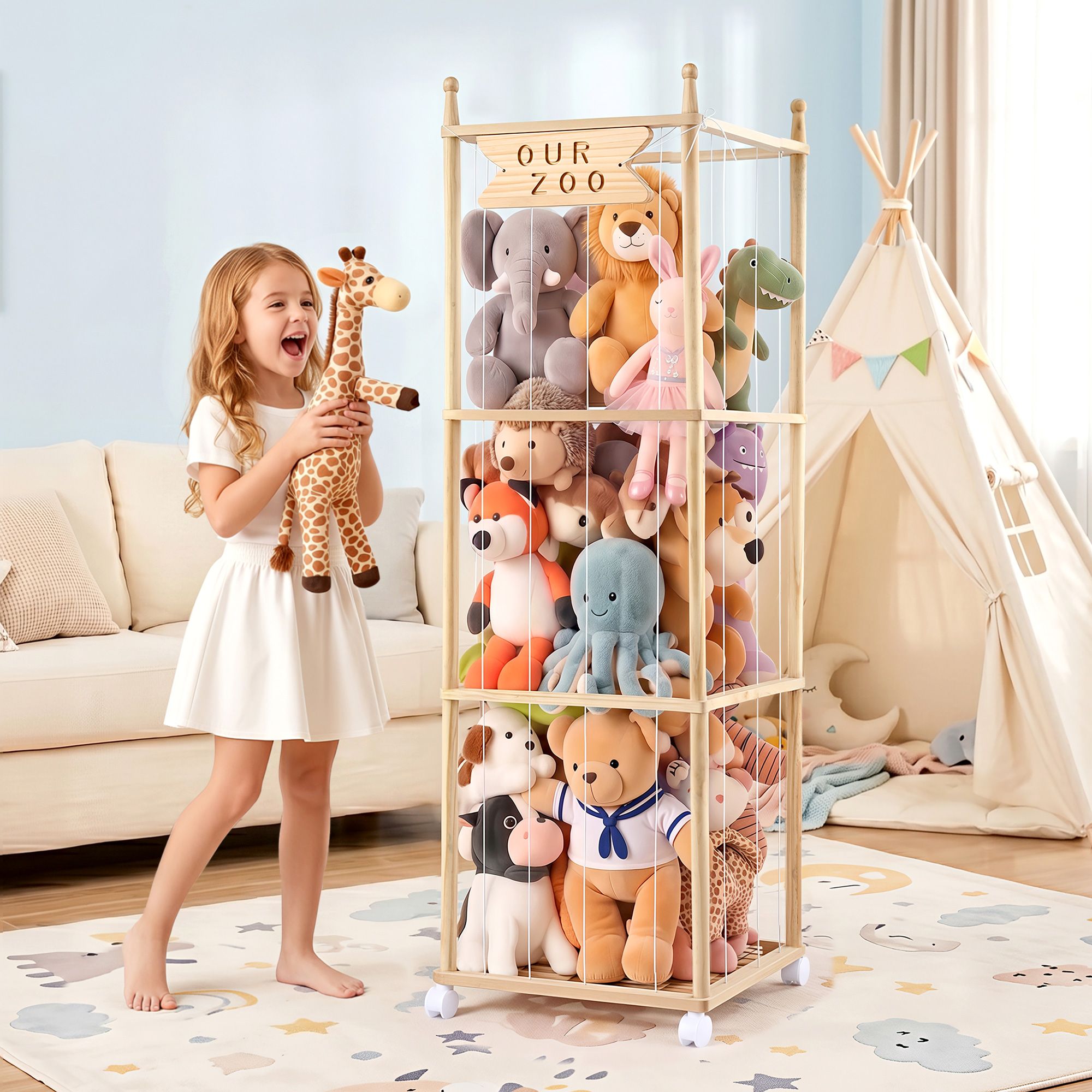 Keezi Stuffed Animal Storage Wooden Toy Holder with Wheels Elastic Cords