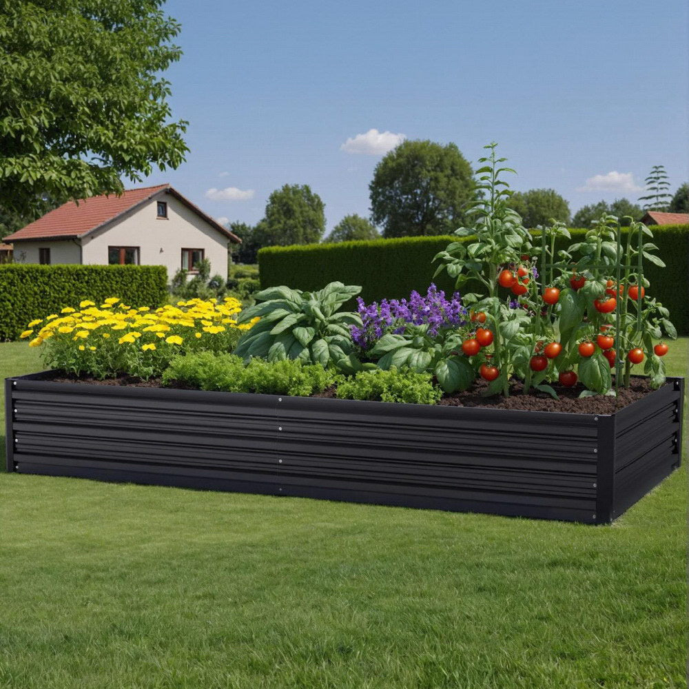Green Fingers 2 Pcs Galvanised Raised Garden Bed 210x90cm Planter Box Outdoor – Dark Grey