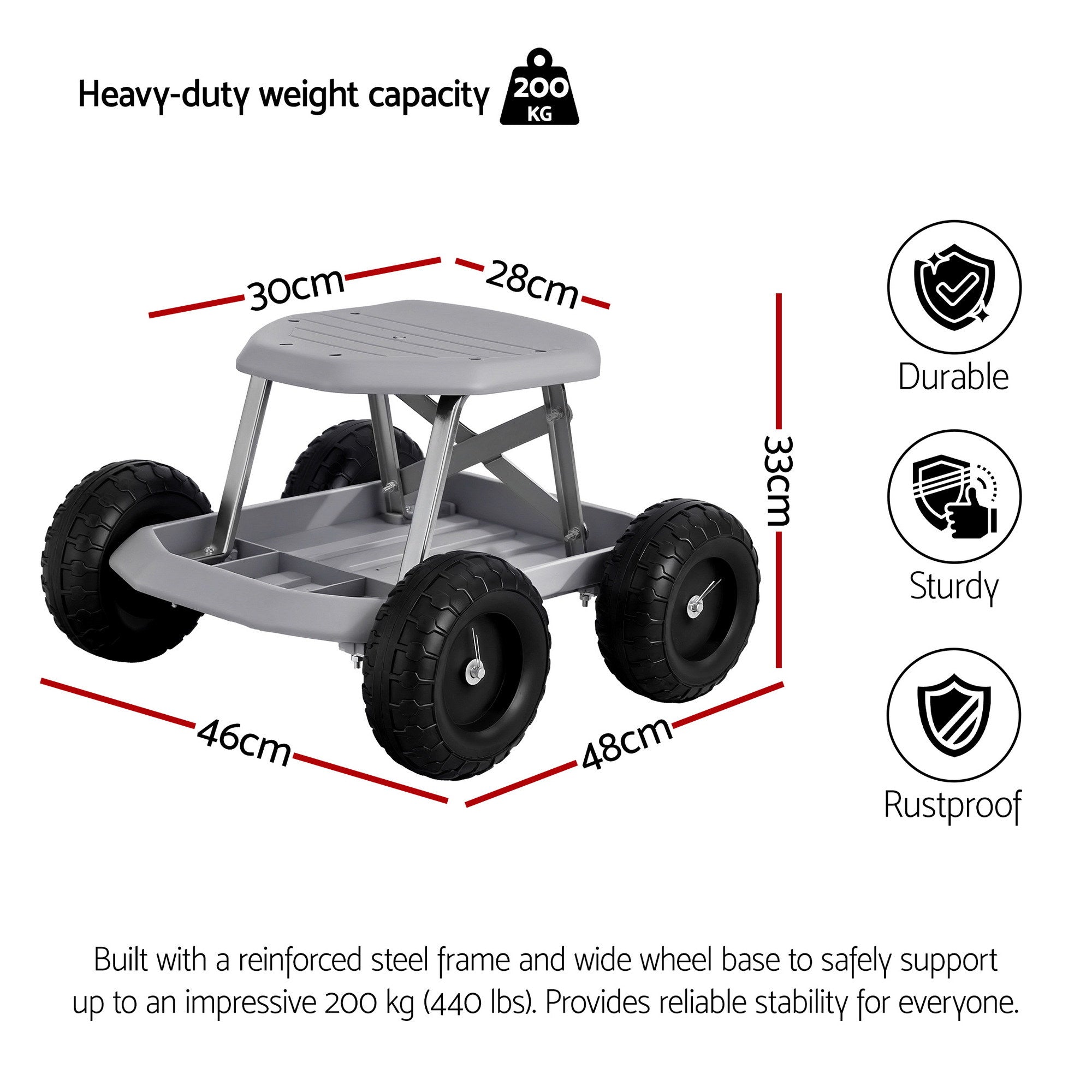 Gardeon Garden Cart Seat with Wheels, Rolling Work Stool with Tool Storage Tray Grey