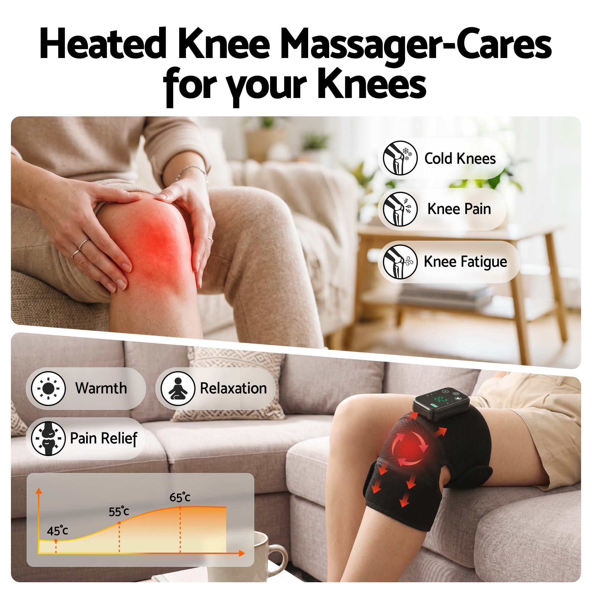Livemor Knee Massager with Heat, Cordless Heated Knee Massage for Pain Relief with Adjustable Straps
