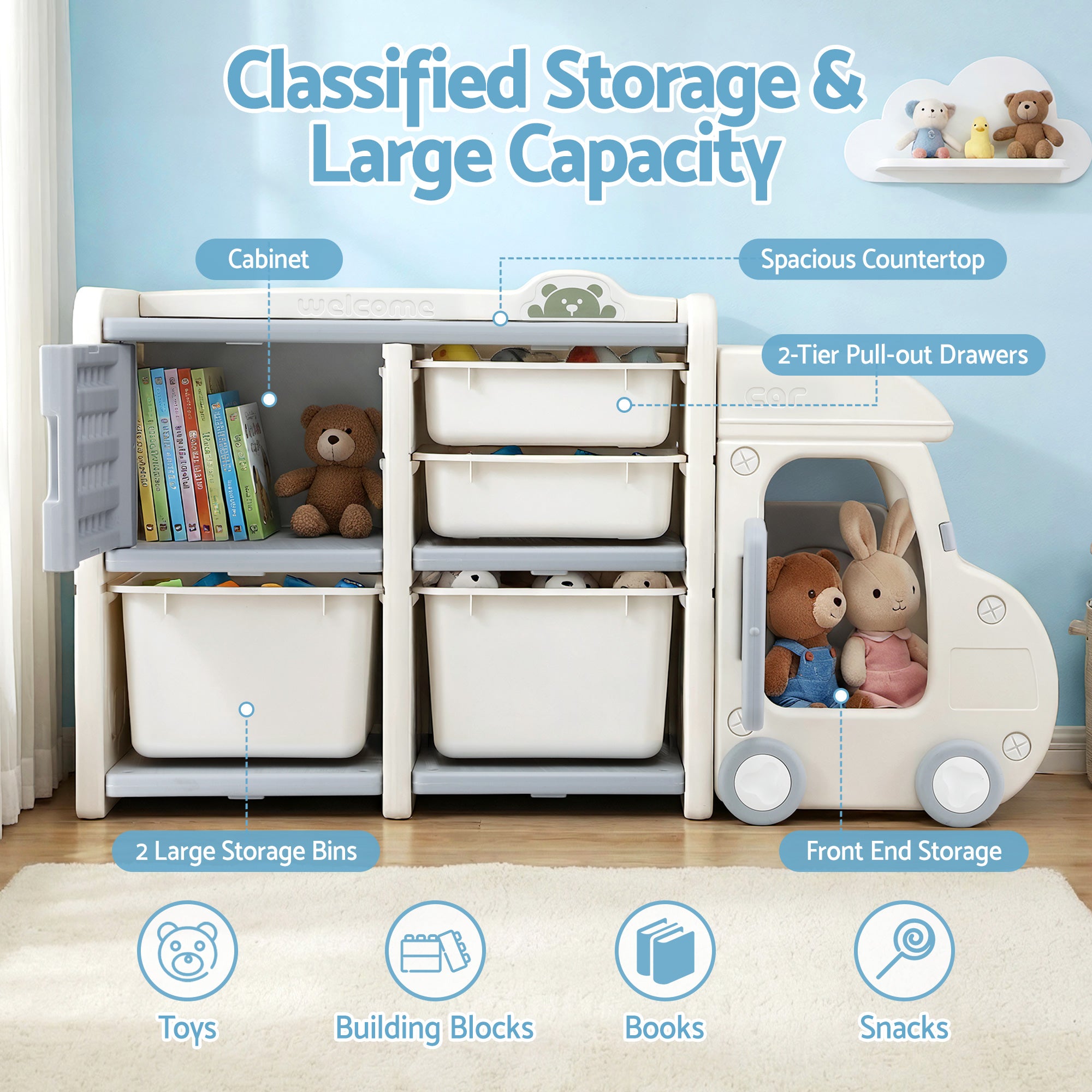 Keezi Toy Storage Organizer with 4 Storage Bins and Cabinet Storage for Kids