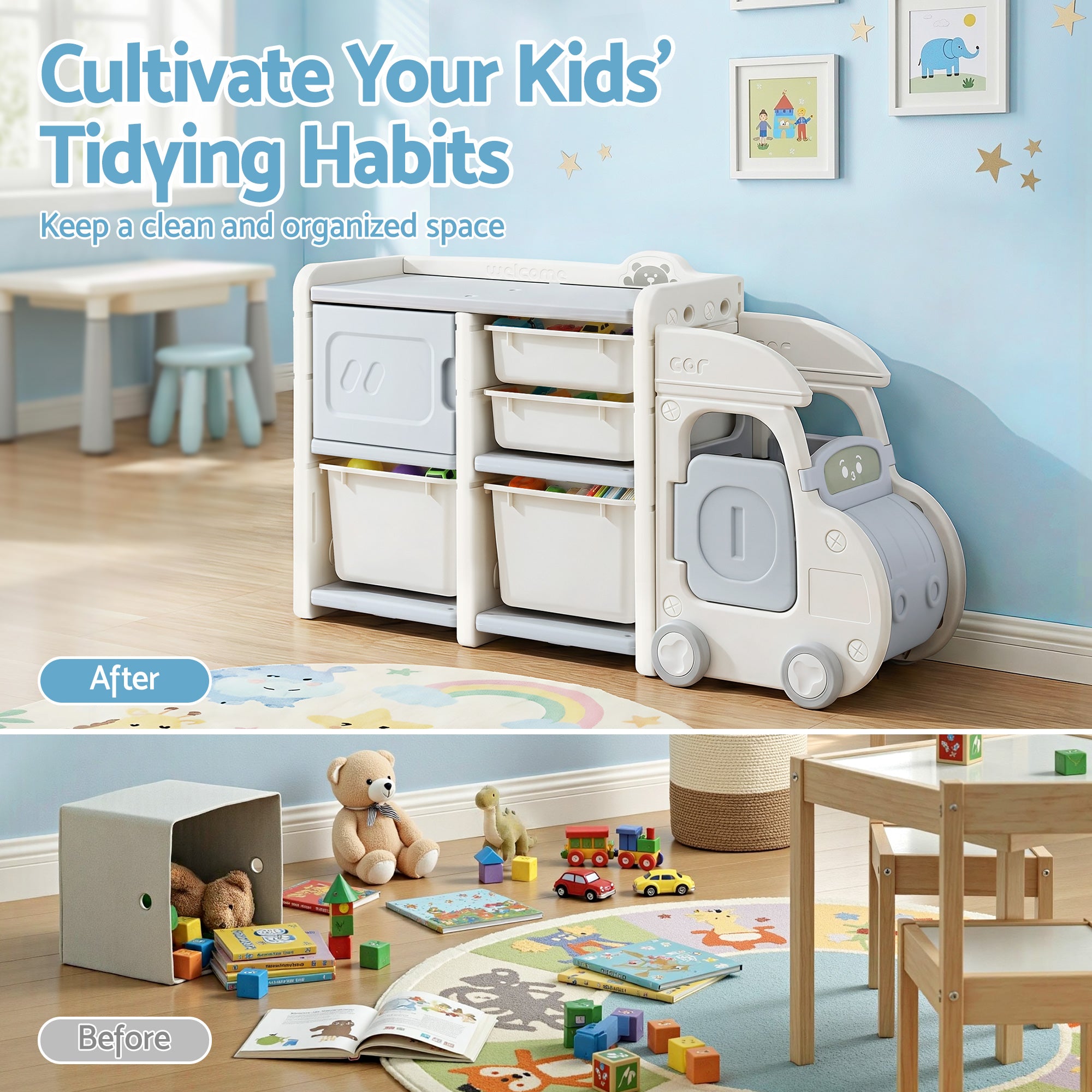 Keezi Toy Storage Organizer with 4 Storage Bins and Cabinet Storage for Kids
