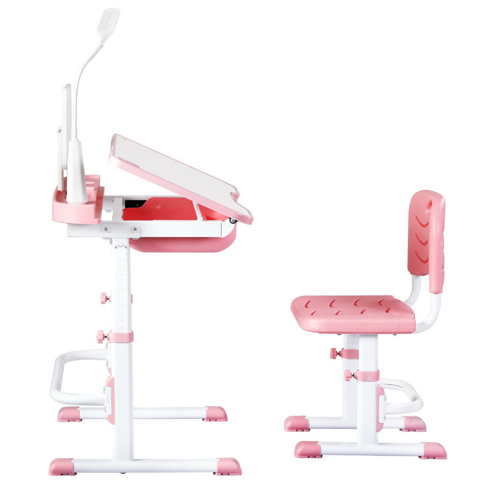 Keezi Kids Table and Chair Set Adjustable Study Desk w/ LED Lamp Reading Pink