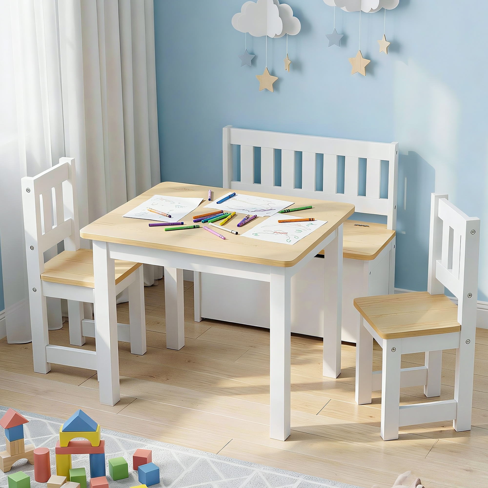Keezi 2 in 1 Kids Table and Chair Set with Storage Bench and 2 Chairs Natural