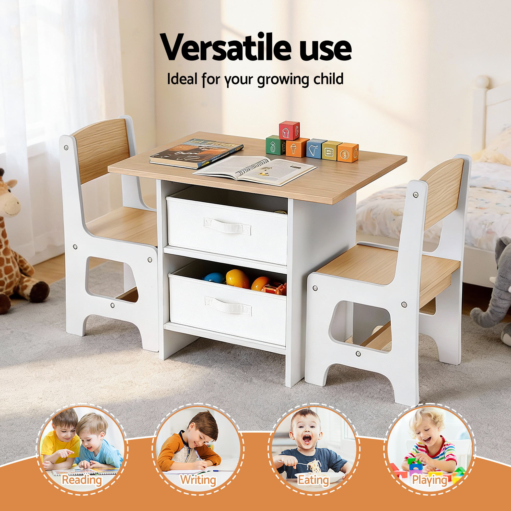 Keezi Kids Wooden Table and 2 Chairs Set with 2 Storage Drawers for Children