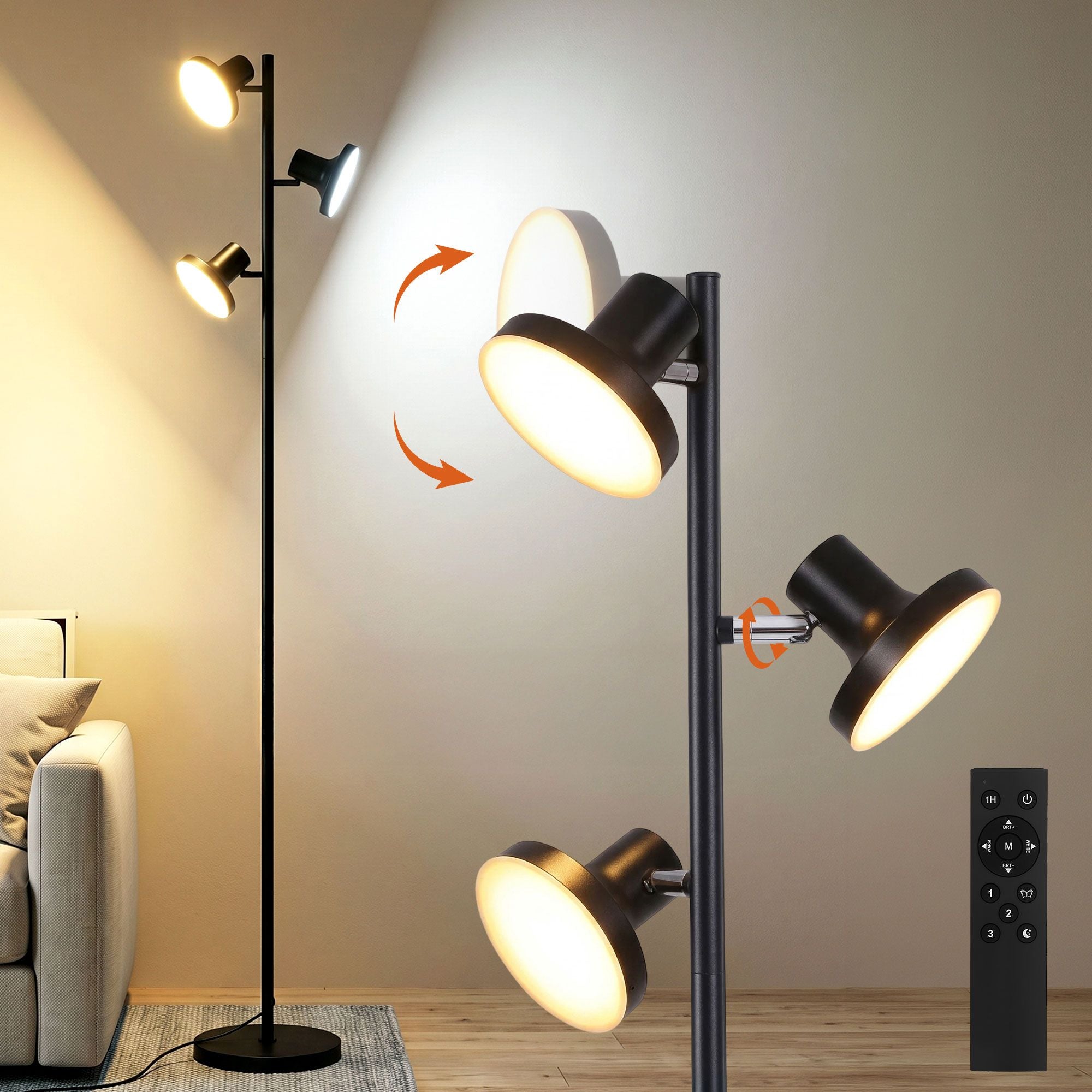 Artiss LED Tree Floor Lamp, 36W Modern Dimmable Standing Lamp with Remote & Touch Control, 4 Color Temperatures, 3 Rotatable LED Light Floor Lamps