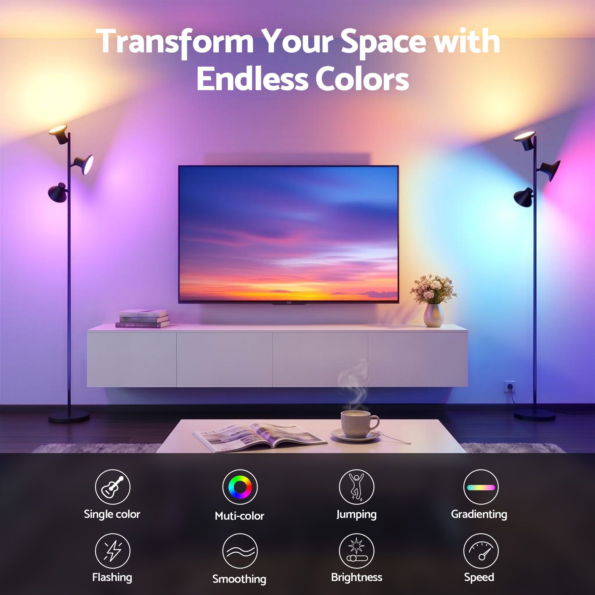 Artiss RGB Floor Lamp LED with 3 Swivel Lights Colour Changing Lamp with Remote Stepless Dimmable
