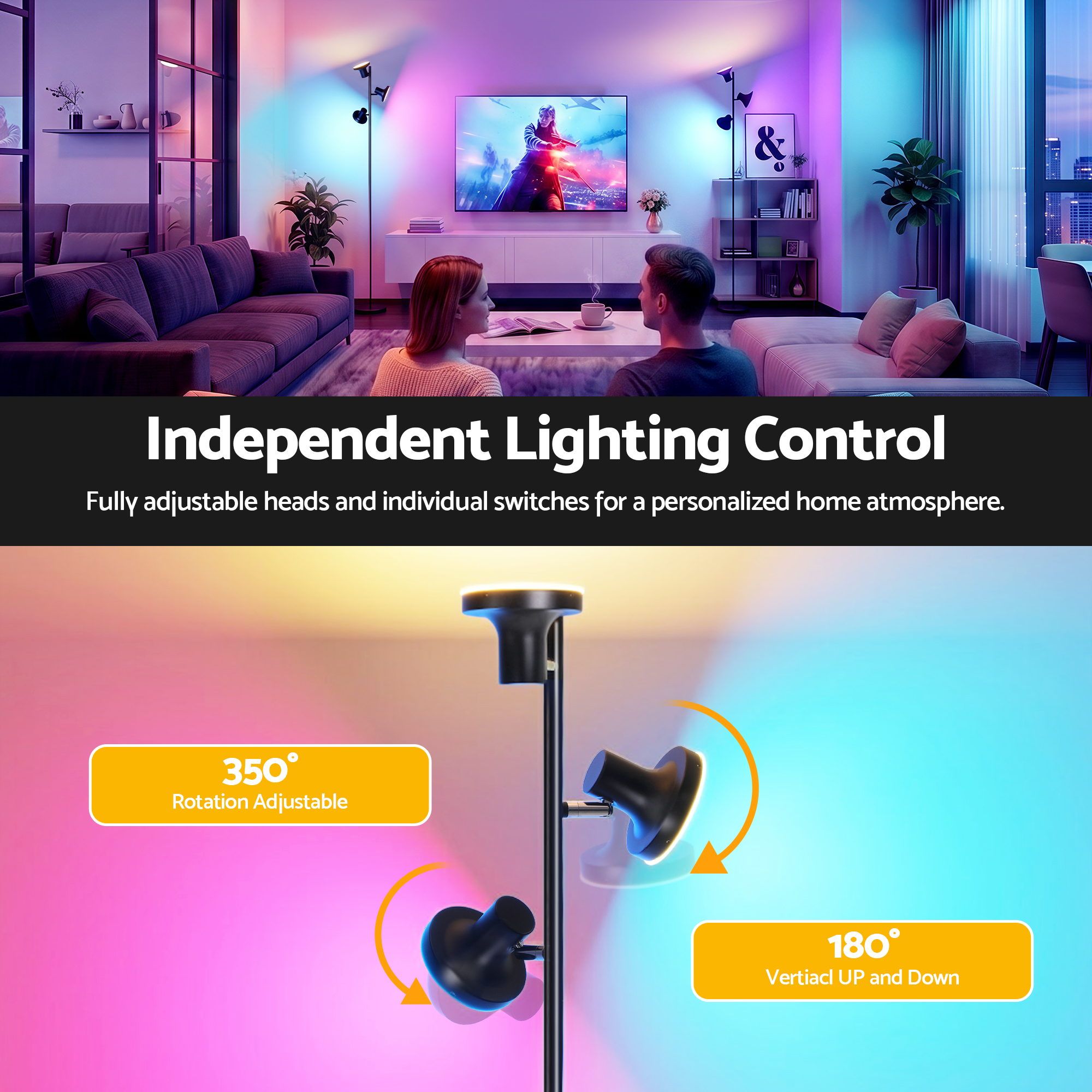 Artiss RGB Floor Lamp LED with 3 Swivel Lights Colour Changing Lamp with Remote Stepless Dimmable