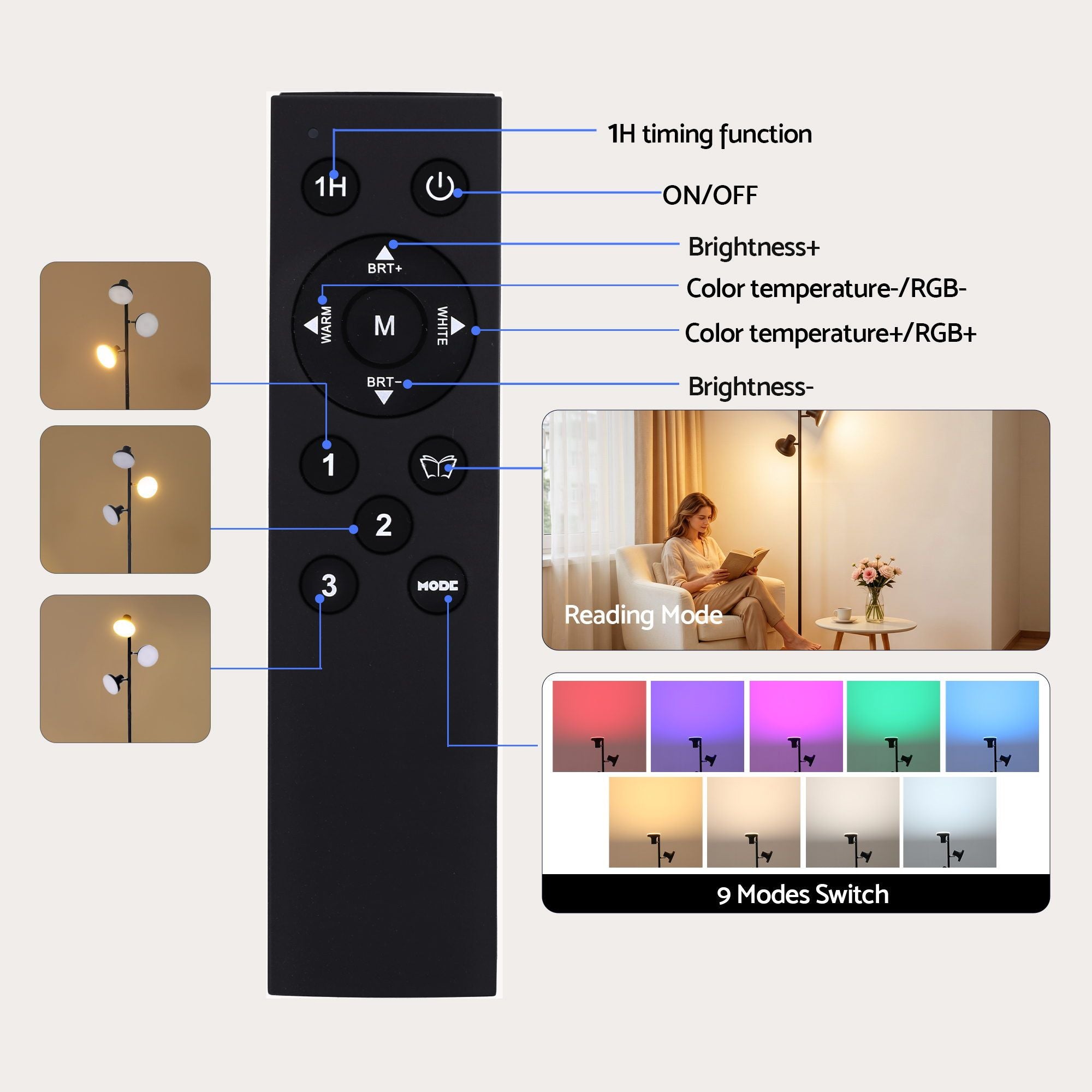 Artiss RGB Floor Lamp LED with 3 Swivel Lights Colour Changing Lamp with Remote Stepless Dimmable