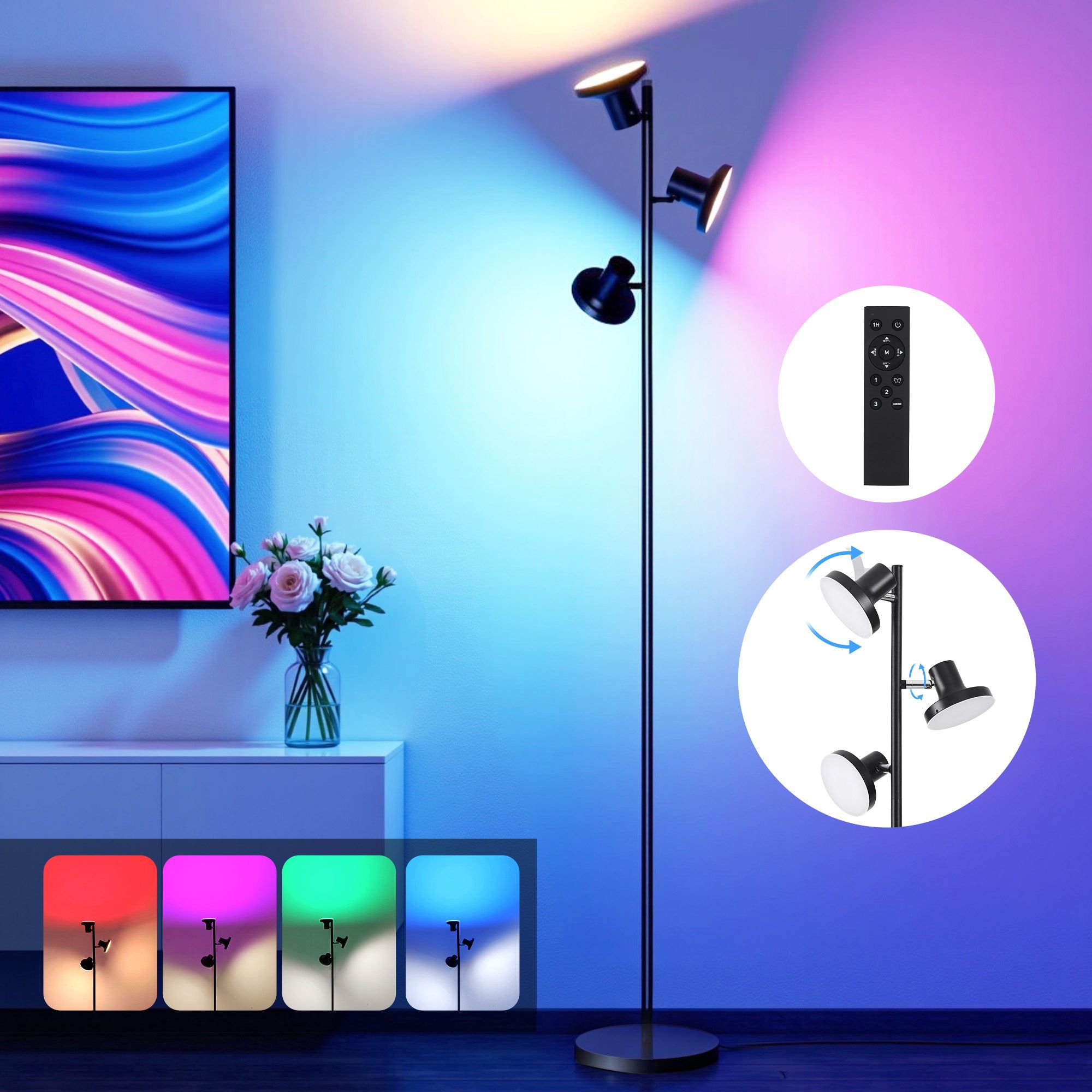 Artiss RGB Floor Lamp LED with 3 Swivel Lights Colour Changing Lamp with Remote Stepless Dimmable