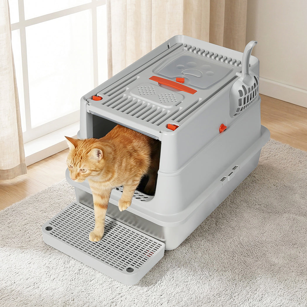 Pawz Stainless Steel Cats Litter Box Hooded High Enclosed Large Kitty Toilet-2065254295514779654