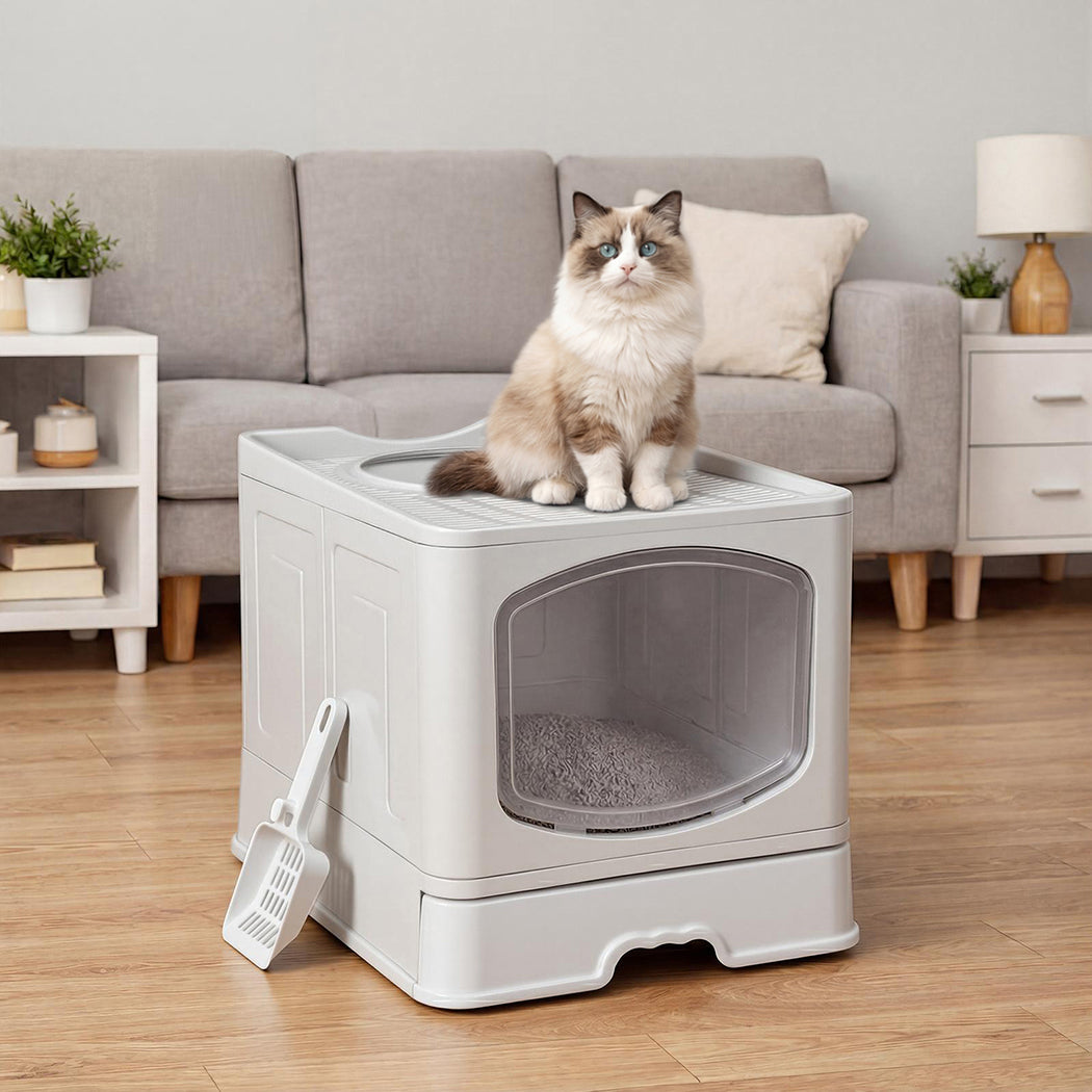 Pawz Large Cat Litter Box Foldable Top Entry Covered Litter Tray Scoop Grey-2065254305631440902