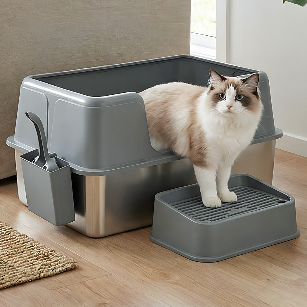 Pawz Stainless Steel Cat Litter Box Large Semi-Enclosed Easy Cleaning Pet Toilet-2065254294902411270