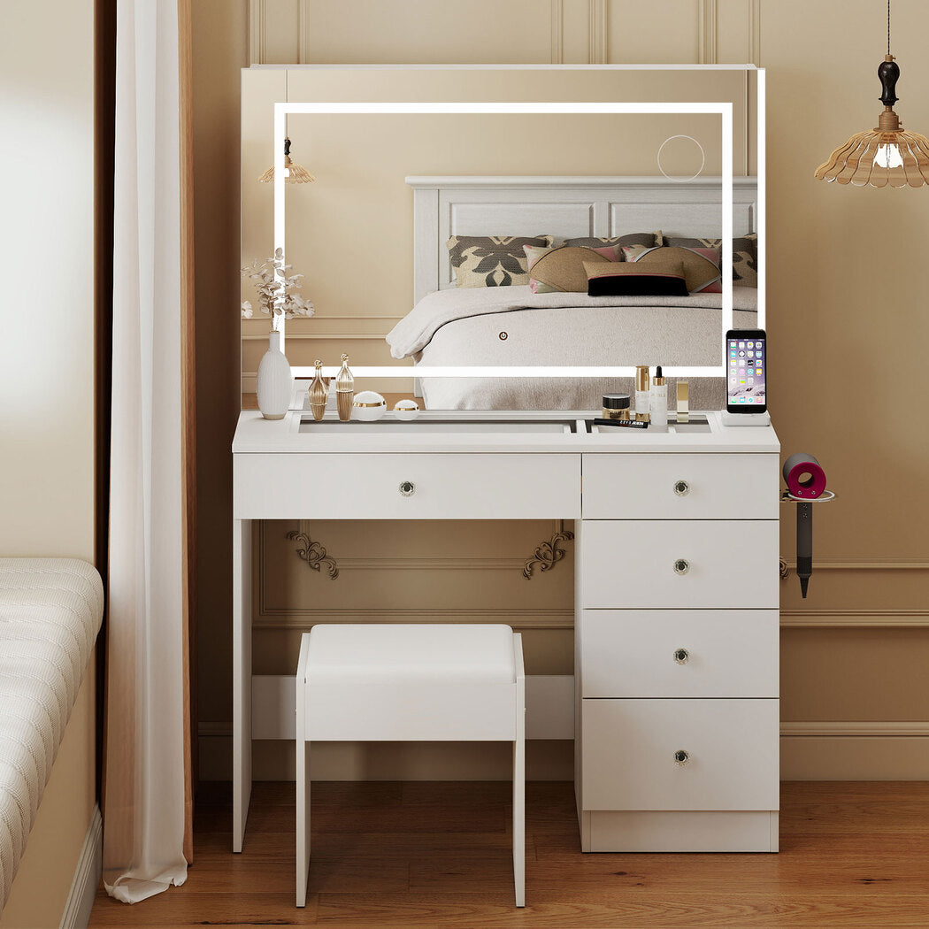 Levede Dressing Table LED Makeup Mirror Stool Set Vanity Desk 5 Storage Drawer-2065254297439965190