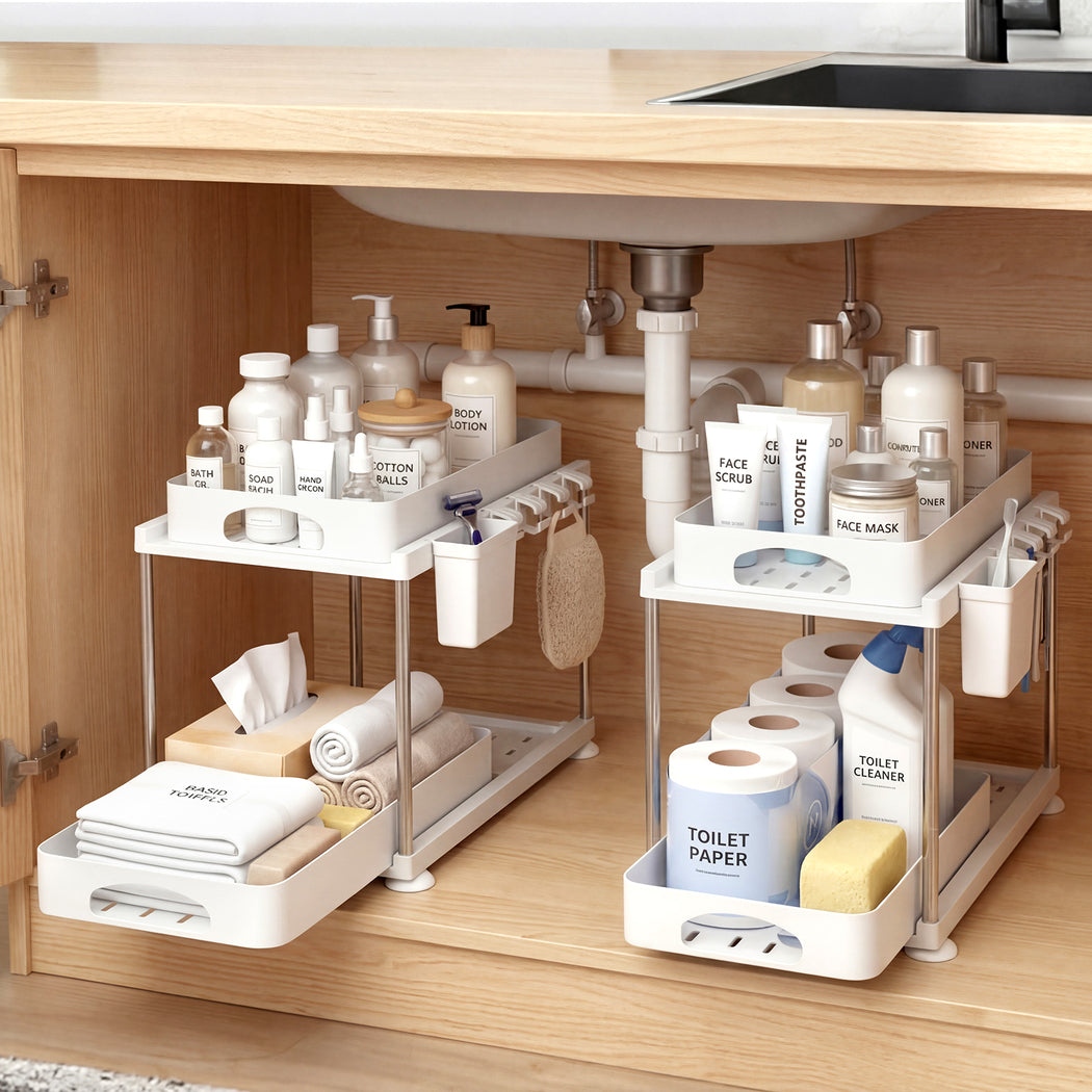 Toque 2 x Under Sink Organizer 2 Tier Cabinet Storage Rack Adjustable Kitchen-2065254301848178695